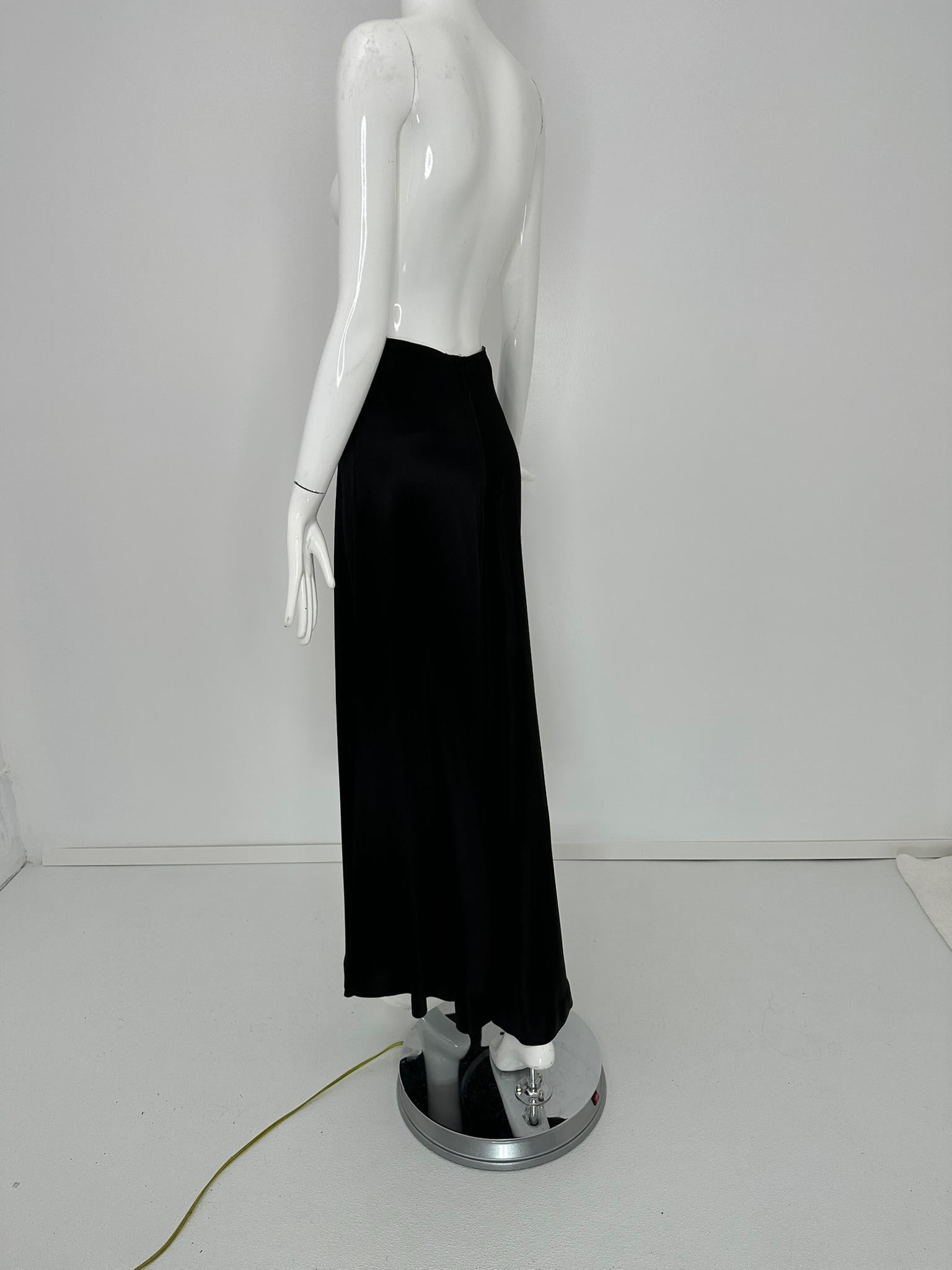 1970s Bias Cut Black Crepe Back Satin Wide Leg Palazzo Pant  High Waist 9-10 For Sale 1