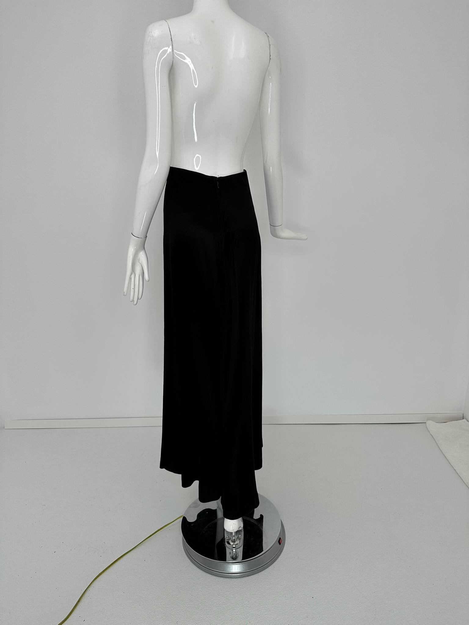 1970s Bias Cut Black Crepe Back Satin Wide Leg Palazzo Pant  High Waist 9-10 For Sale 2