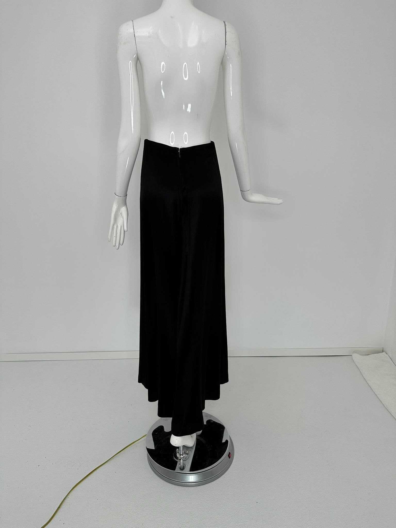 1970s Bias Cut Black Crepe Back Satin Wide Leg Palazzo Pant  High Waist 9-10 For Sale 3