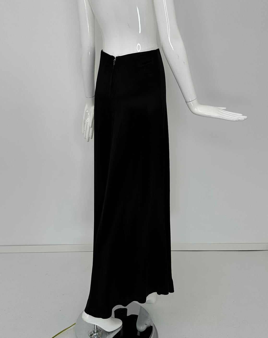 1970s Bias Cut Black Crepe Back Satin Wide Leg Palazzo Pant  High Waist 9-10 For Sale 4
