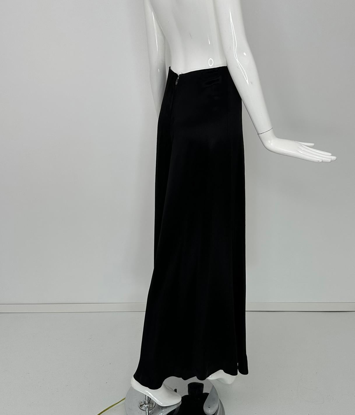 1970s Bias Cut Black Crepe Back Satin Wide Leg Palazzo Pant  High Waist 9-10 For Sale 5