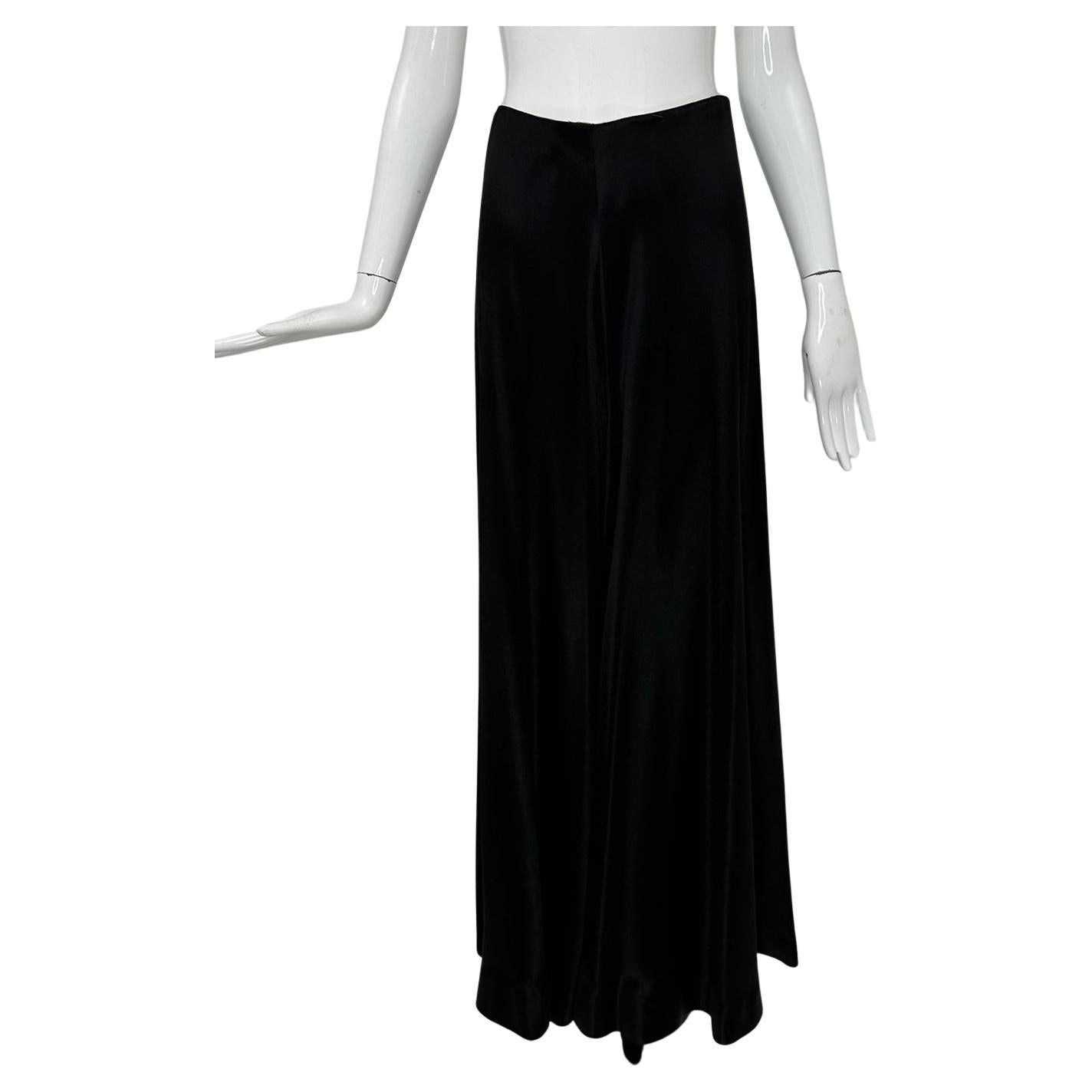 1970s Bias Cut Black Crepe Back Satin Wide Leg Palazzo Pant  High Waist 9-10 For Sale