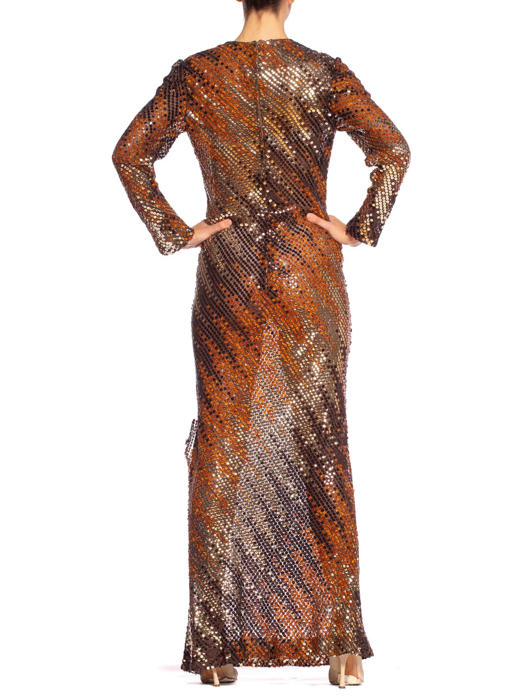 1970'S Copper & Brown Poly/Viscose Chiffon Bias Cut Sequind Disco Gown 7