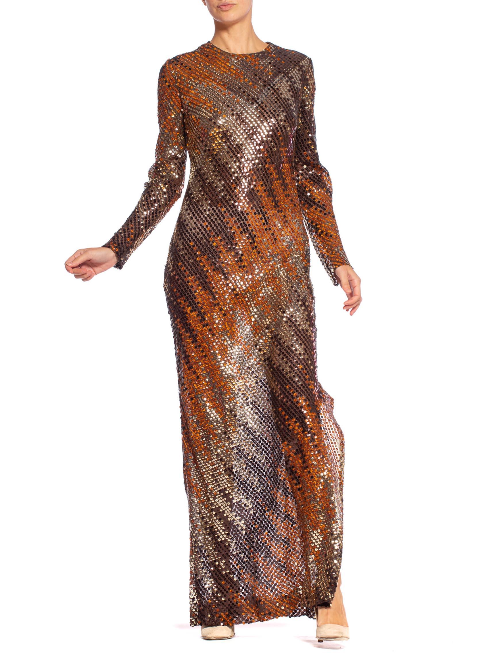 1970'S Copper & Brown Poly/Viscose Chiffon Bias Cut Sequind Disco Gown In Excellent Condition In New York, NY