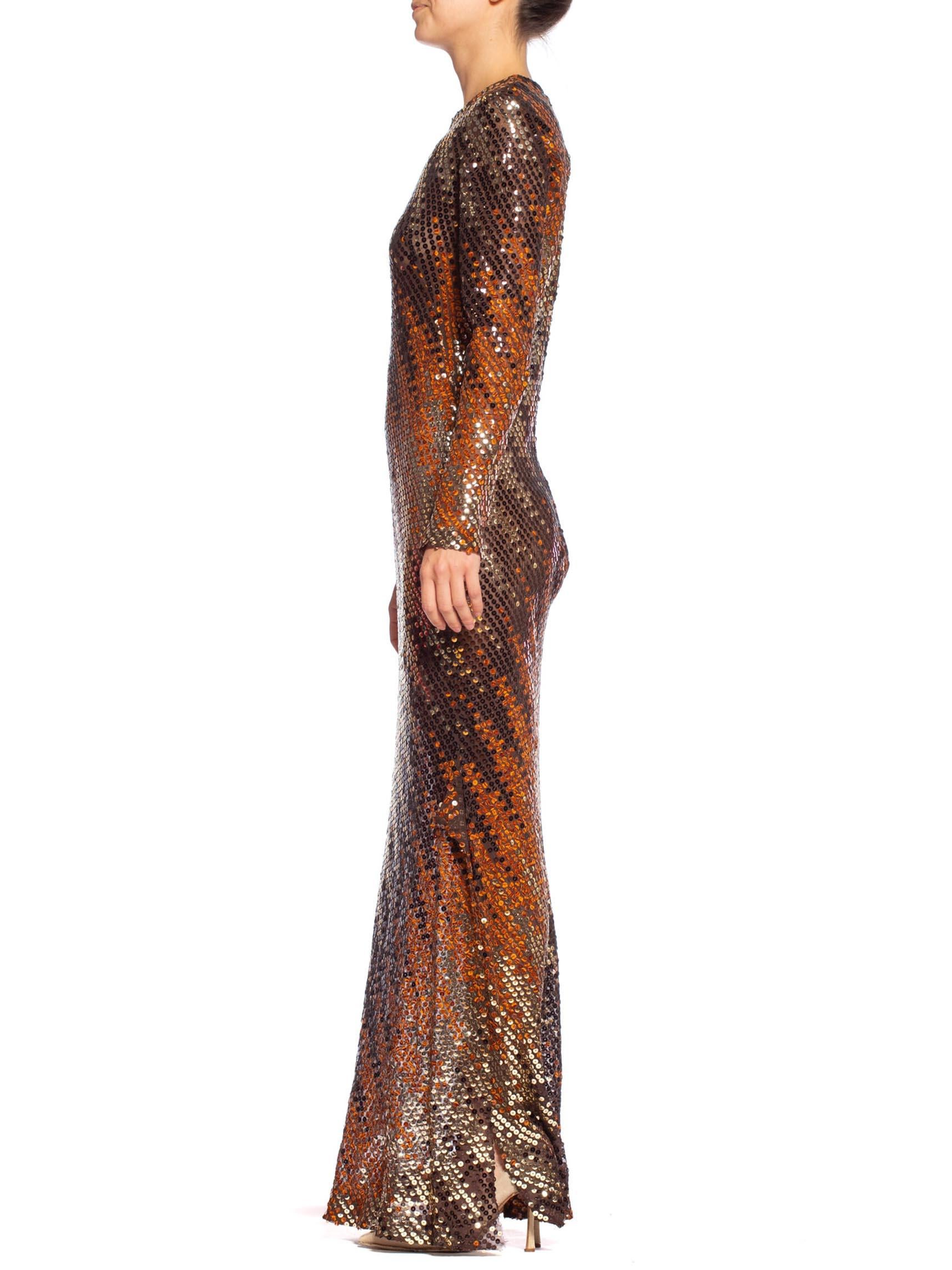 Women's 1970'S Copper & Brown Poly/Viscose Chiffon Bias Cut Sequind Disco Gown