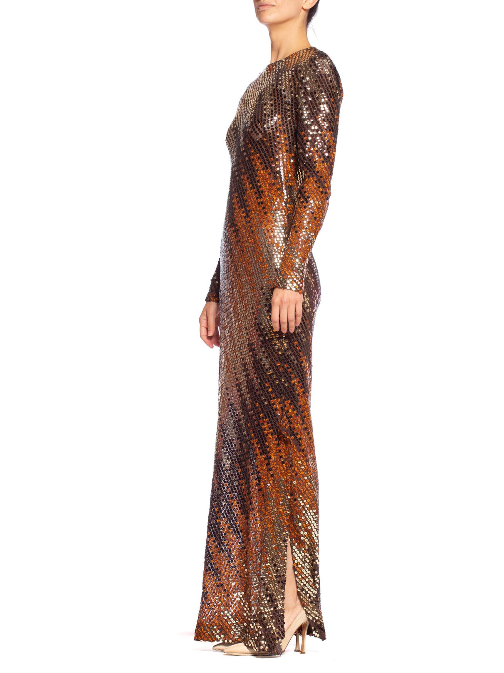 1970'S Copper & Brown Poly/Viscose Chiffon Bias Cut Sequind Disco Gown 2