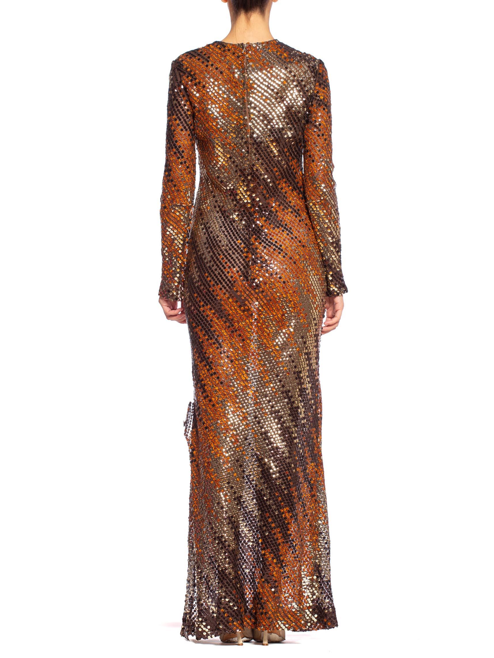 1970'S Copper & Brown Poly/Viscose Chiffon Bias Cut Sequind Disco Gown 6