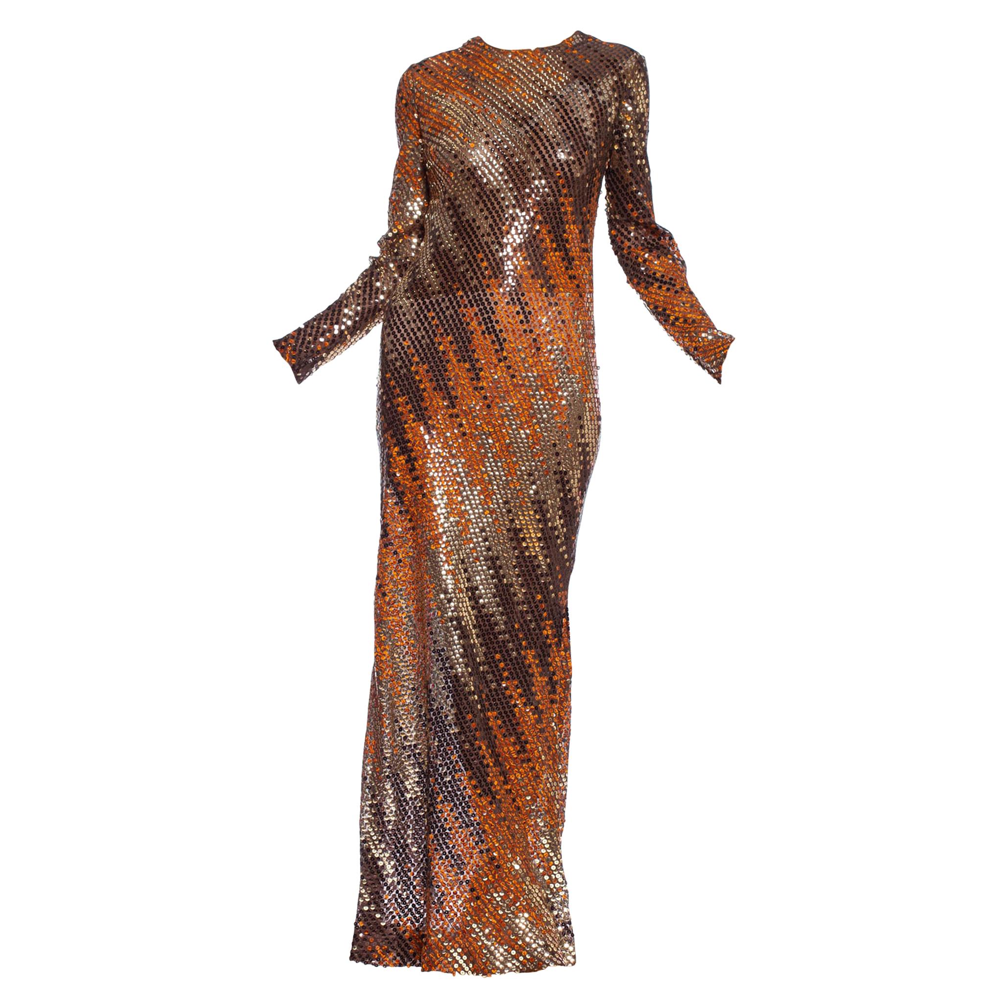 1970'S Copper & Brown Poly/Viscose Chiffon Bias Cut Sequind Disco Gown