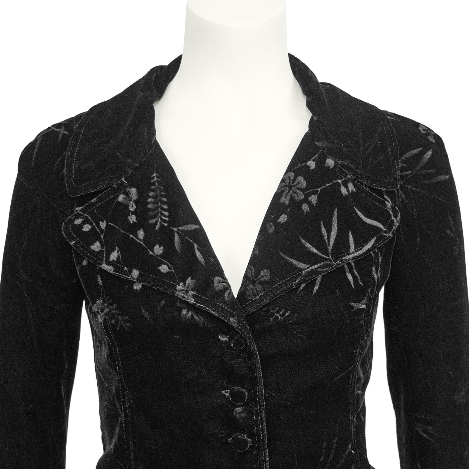 Women's 1970s Biba Black Floral Devoree Velvet Jacket and Skirt Ensemble For Sale