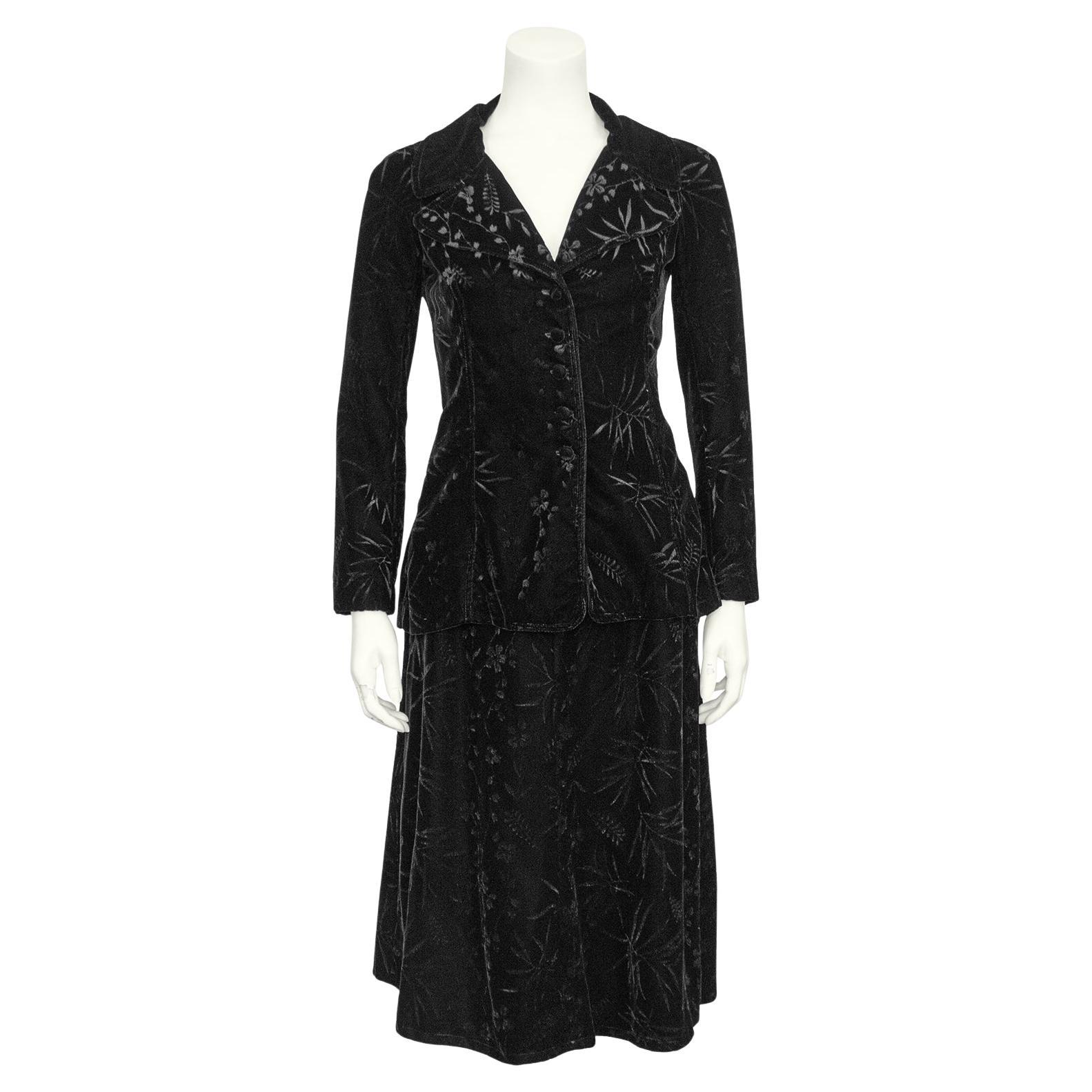1970s Biba Black Floral Devoree Velvet Jacket and Skirt Ensemble For Sale