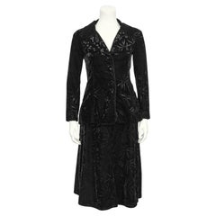 1970er Biba Schwarz Floral Devoree Samt Jacke und Rock Ensemble