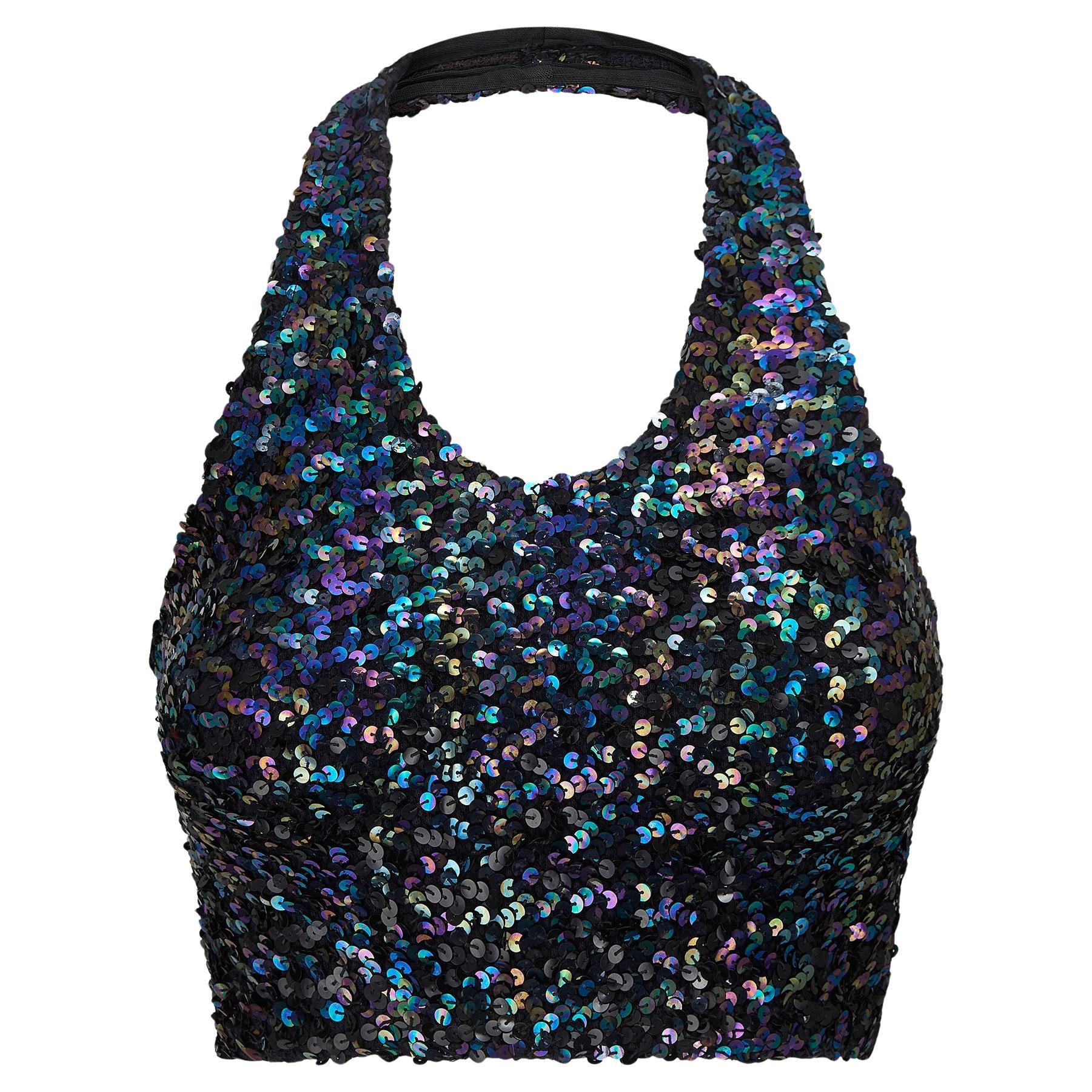 1970s Biba Black Iridescent Sequin Halter-Neck Top For Sale