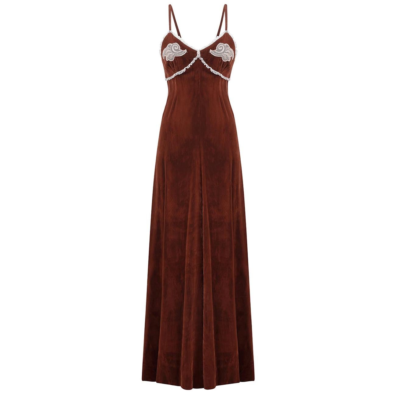 1970s Biba Chestnut Brown Velvet Maxi Dress With Lace Embellishments 