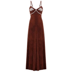 Retro 1970s Biba Chestnut Brown Velvet Maxi Dress With Lace Embellishments 