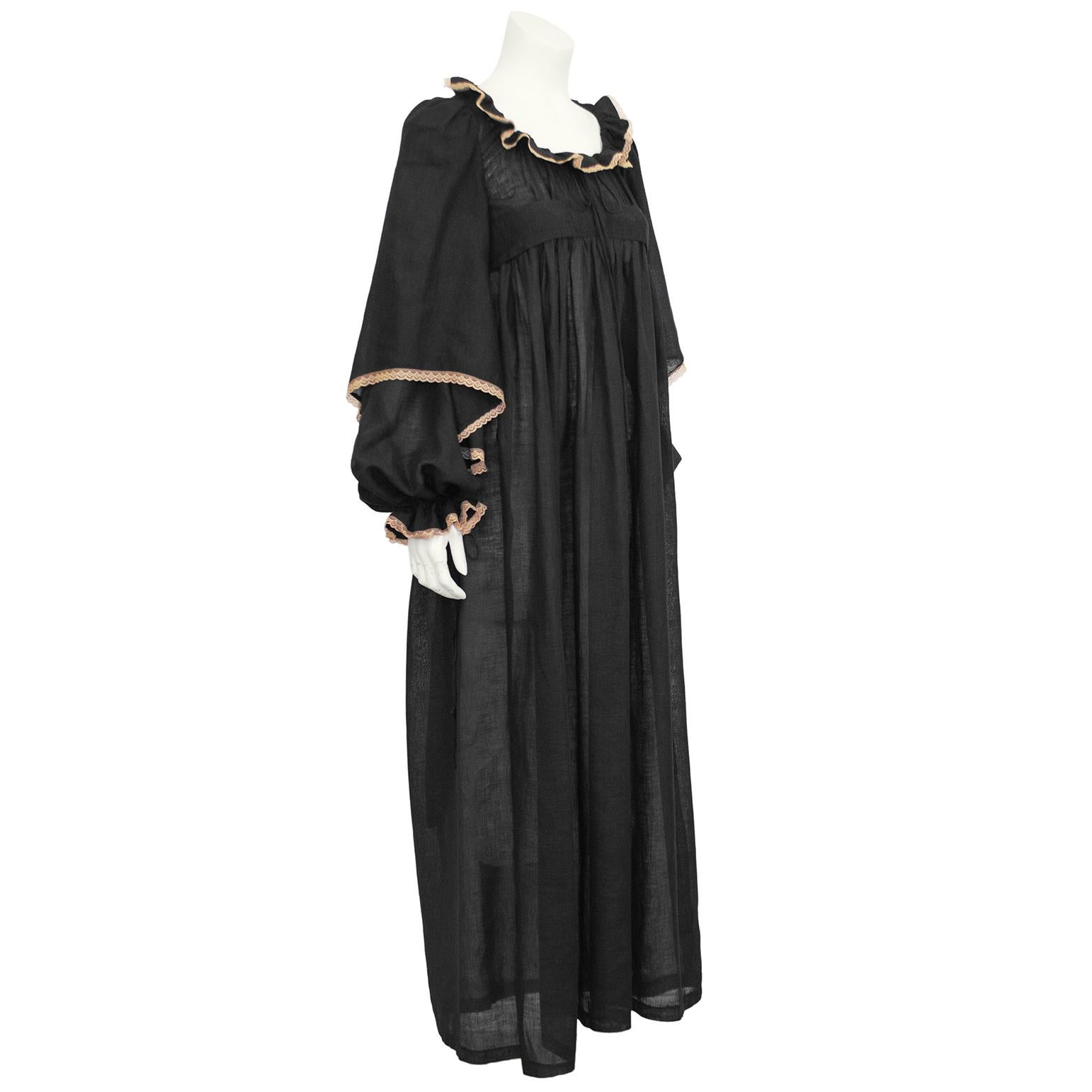 1970's Biba London long cotton/muslin day dress . Original woven Art Nouveau Biba label, the collar and cuffs trimmed with nude lace, with double-tiered sleeves, drawstring neckline and cuffs, self-ties to raised and gathered empire-line waist.  In