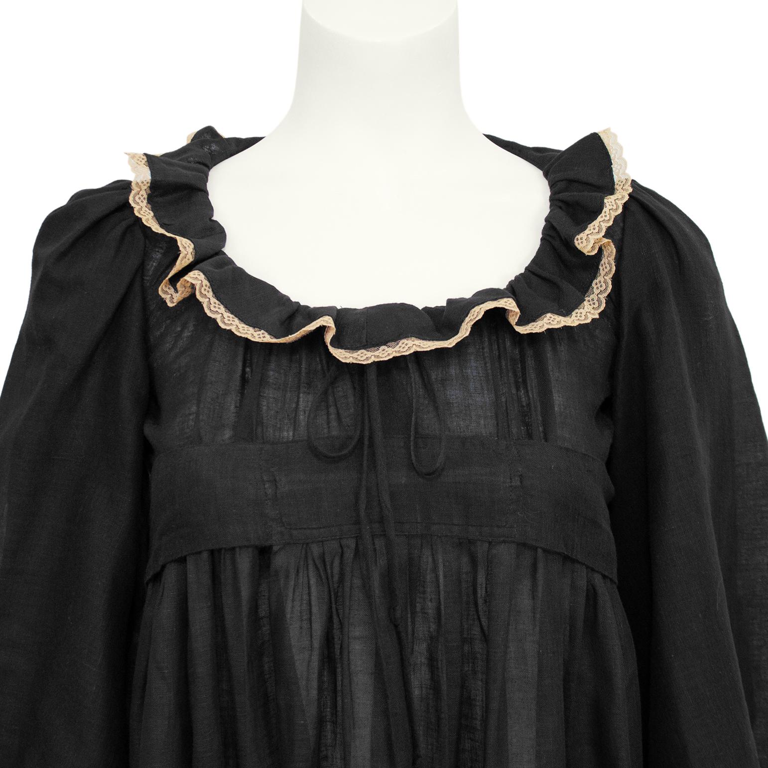 1970's Biba London Long Cotton Day Dress with Lace Trim For Sale 1