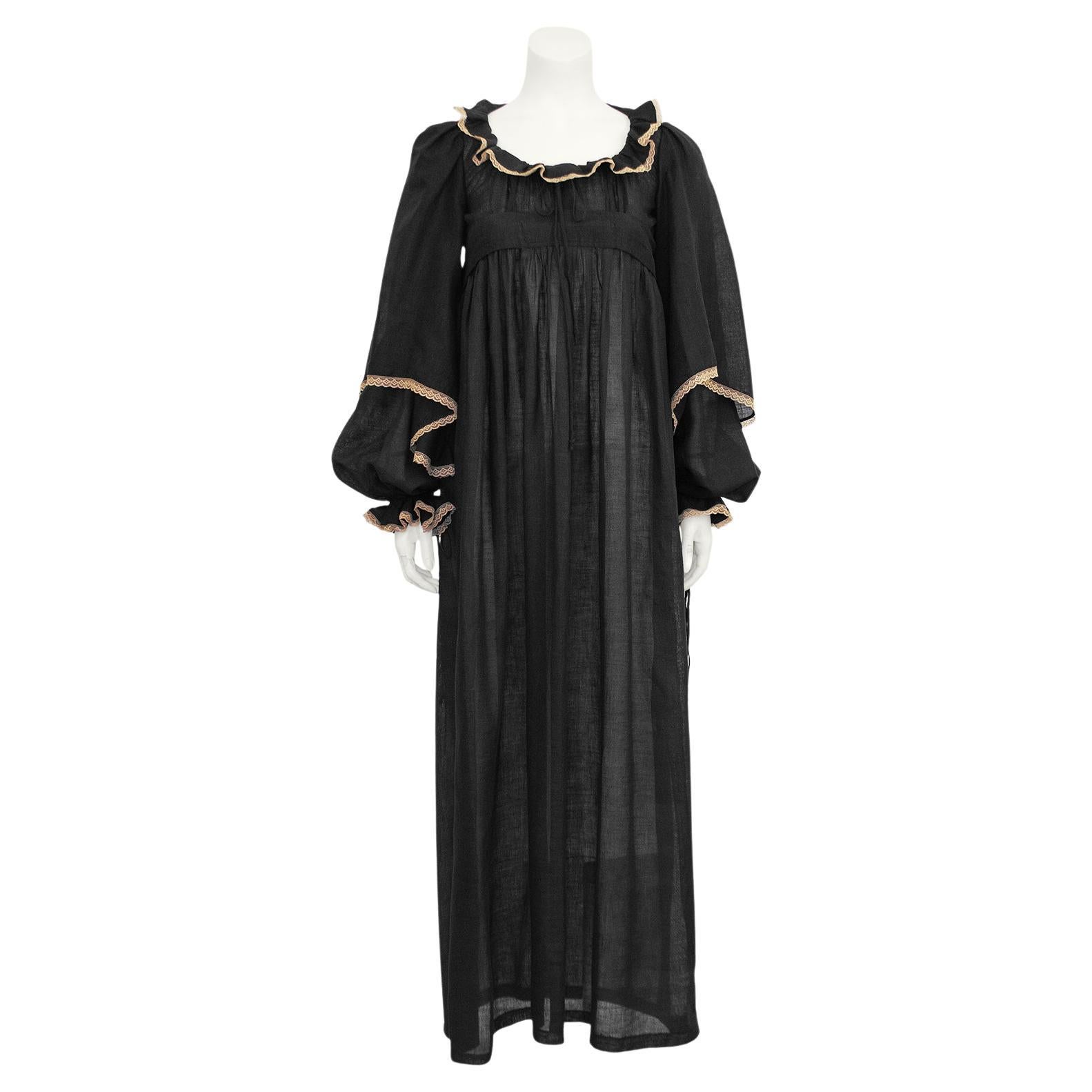 1970's Biba London Long Cotton Day Dress with Lace Trim For Sale