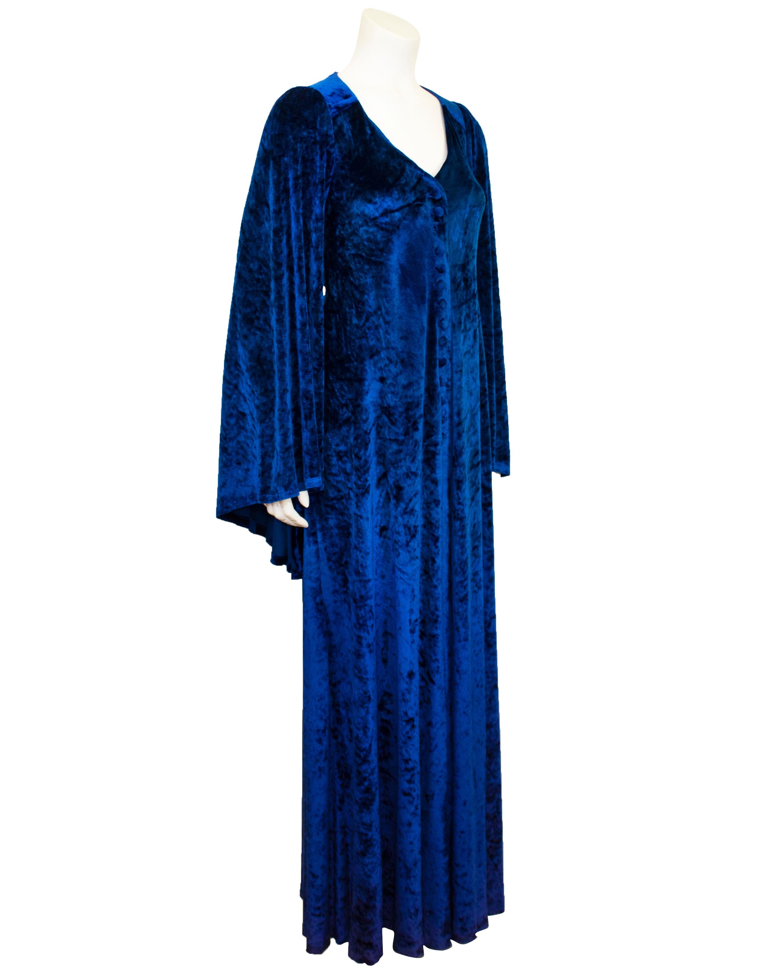 Biba London royal blue velvet romantic style maxi dress. Every inch of this 1970's panne velvet gown represents the vision of Barbara Hulanicki the designer who democratized fashion with affordable, of-the-moment clothing, accessories, furnishings