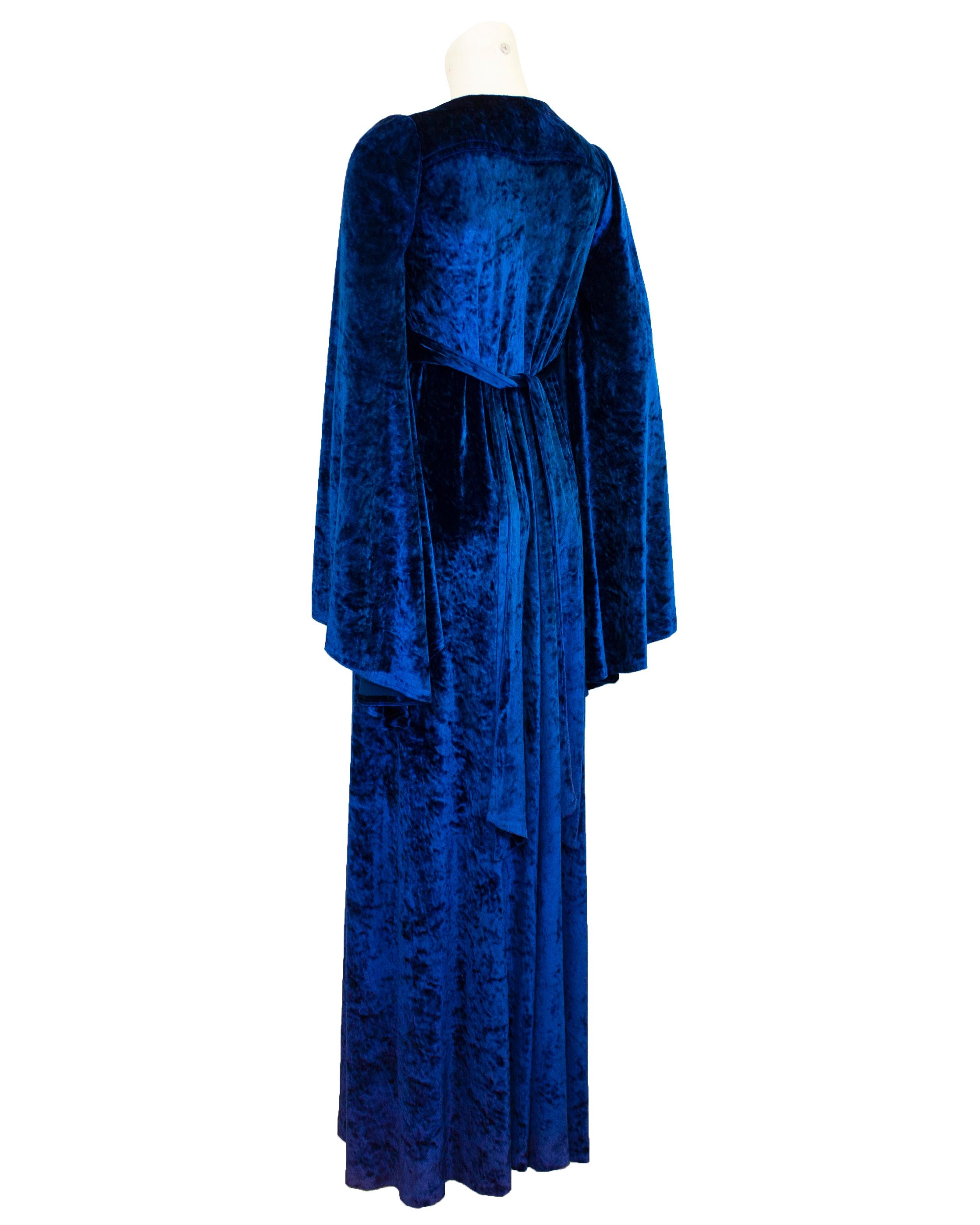 1970's BIBA London Royal Blue Panné Velvet Full Length Dress In Good Condition In Toronto, Ontario