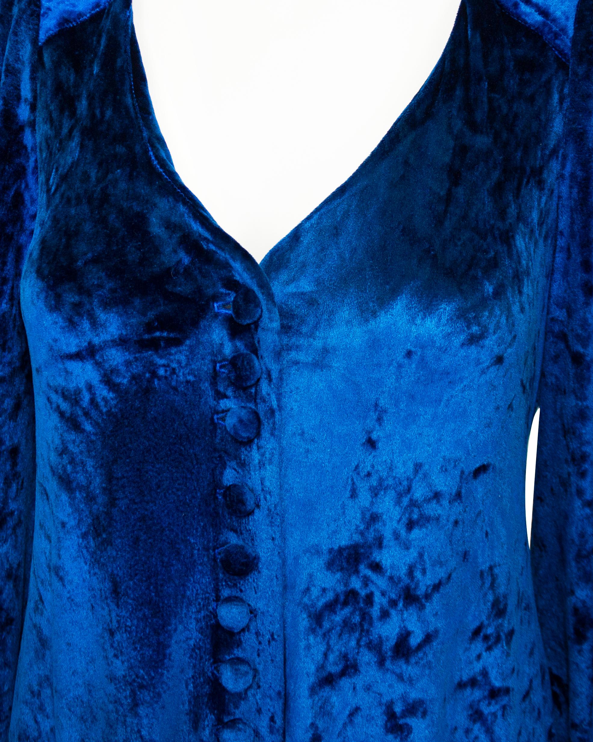 Women's or Men's 1970's BIBA London Royal Blue Panné Velvet Full Length Dress