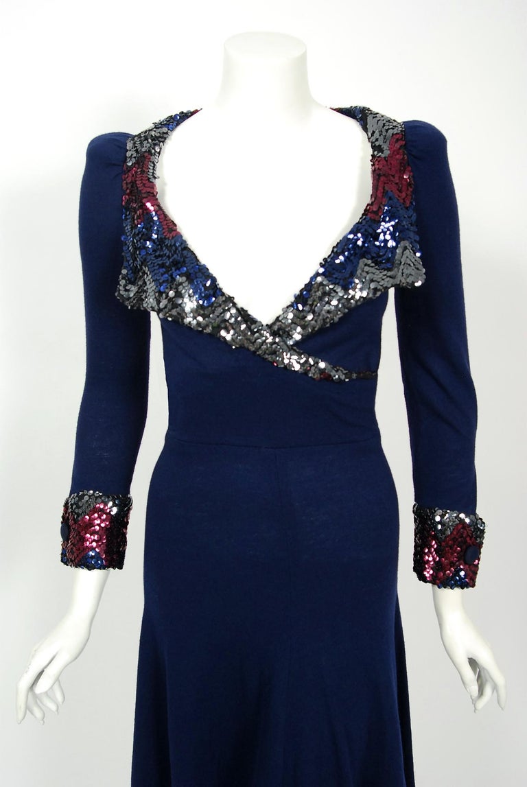 1970's Biba London Sequin Navy Blue Wool PuffShoulder Plunge Collar