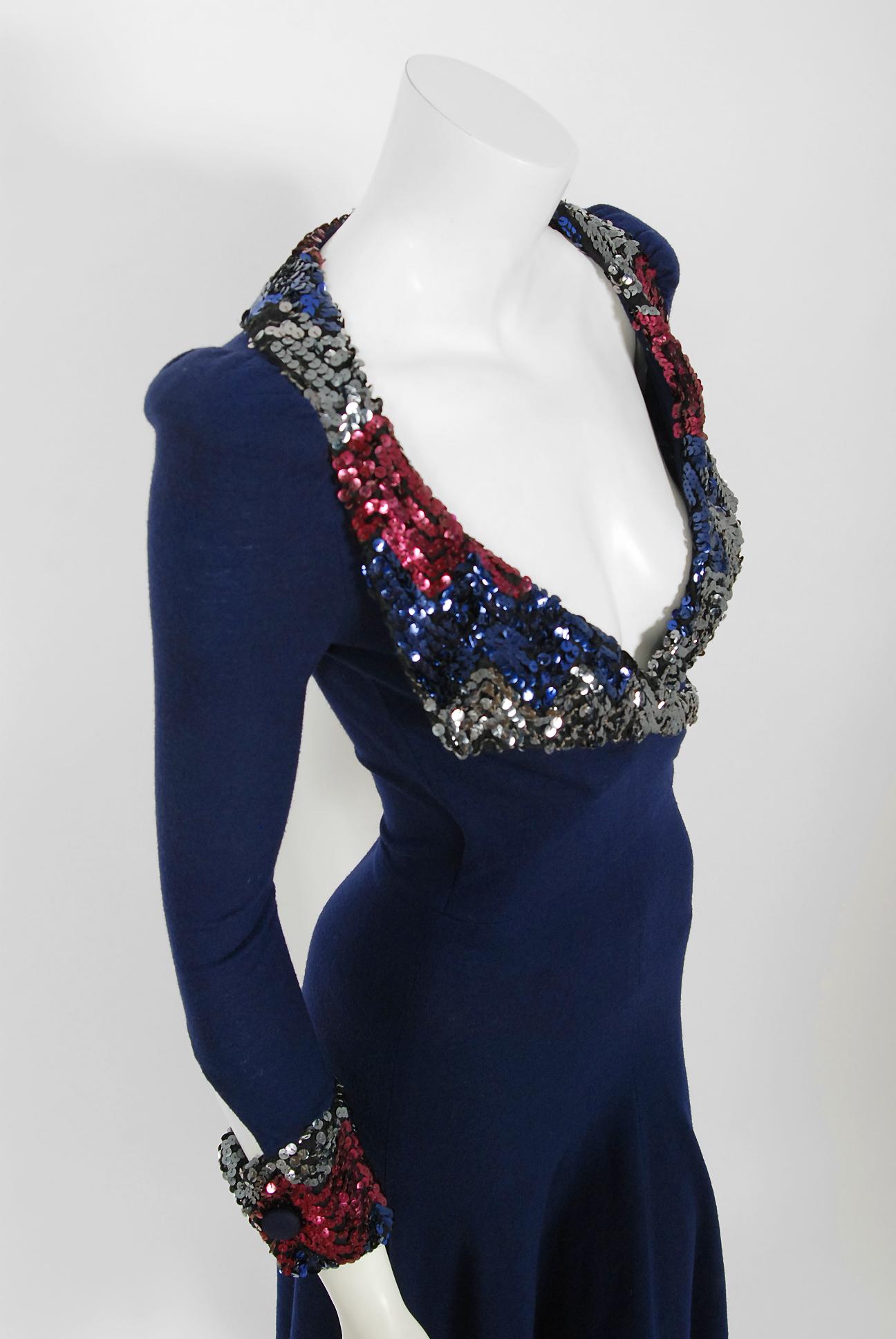 Black 1973 Biba London Sequin Navy Blue Wool Puff-Shoulder Plunge Collar Cuff Dress