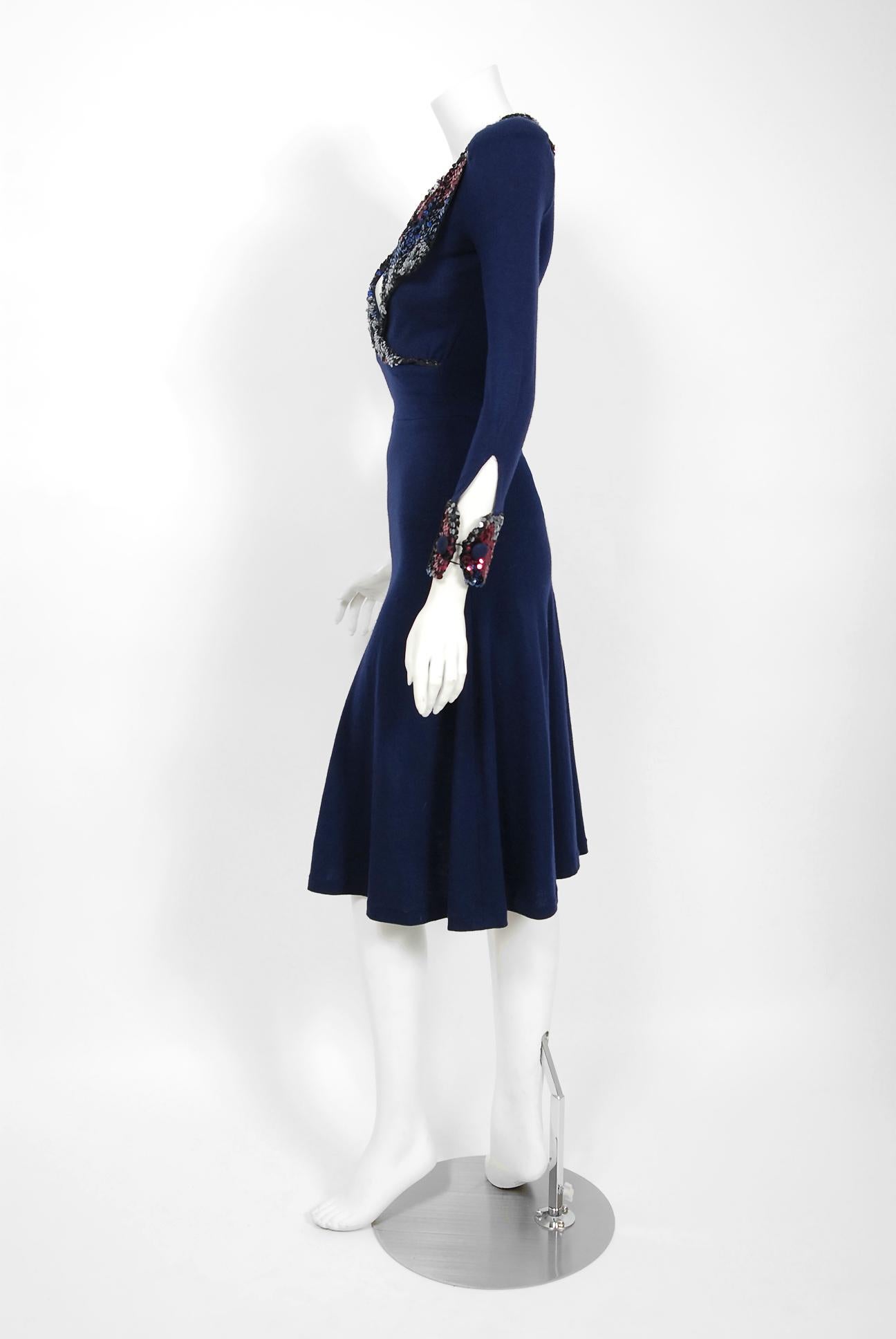 Women's 1973 Biba London Sequin Navy Blue Wool Puff-Shoulder Plunge Collar Cuff Dress