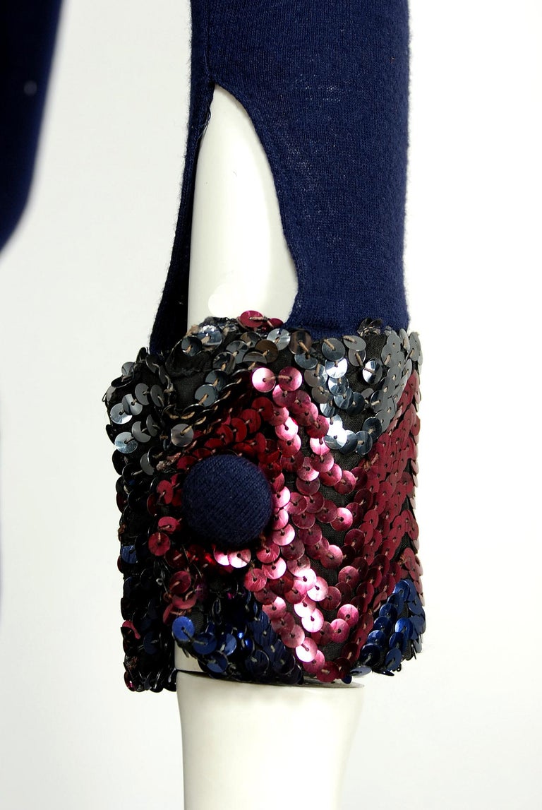 1970's Biba London Sequin Navy Blue Wool PuffShoulder Plunge Collar
