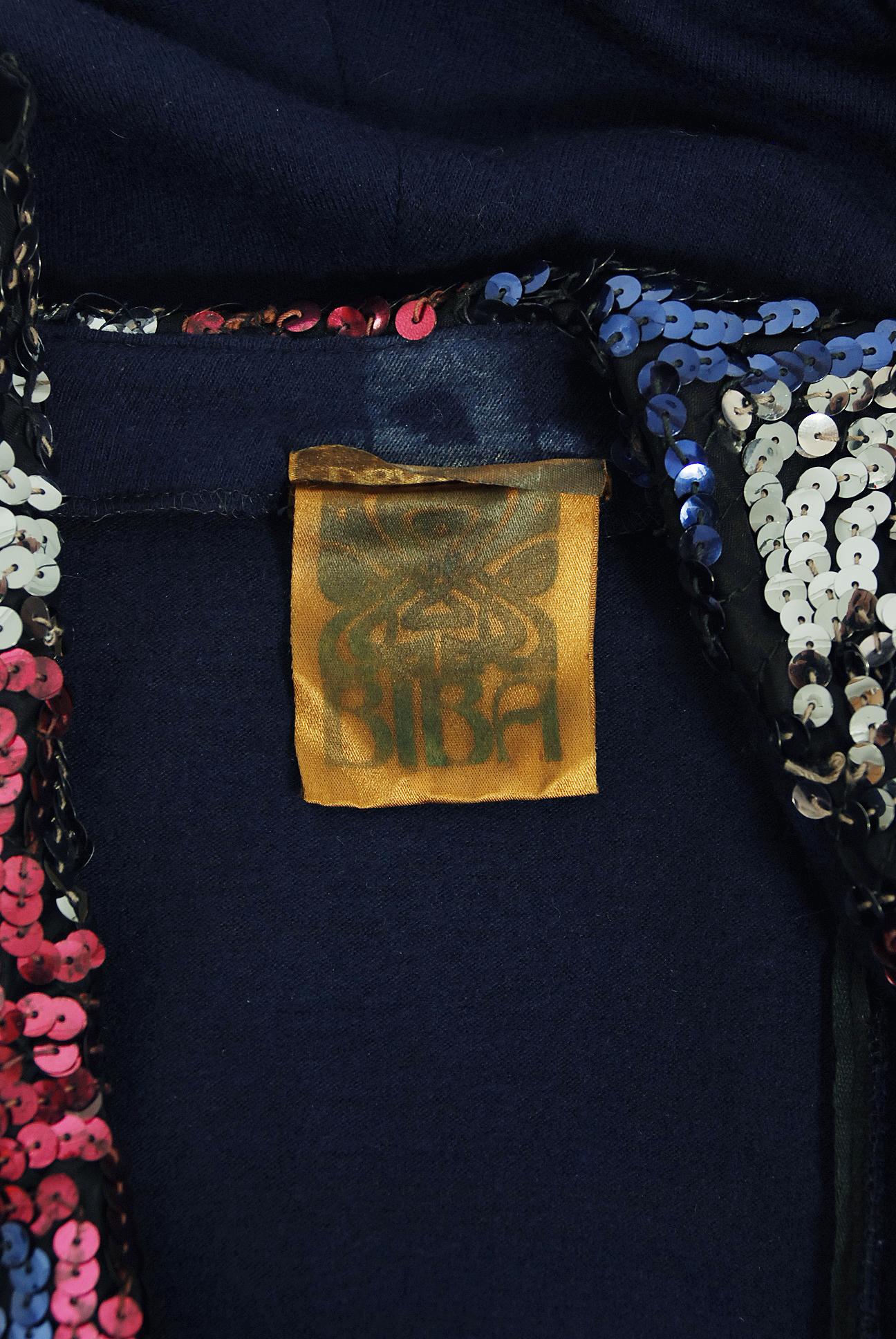 1973 Biba London Sequin Navy Blue Wool Puff-Shoulder Plunge Collar Cuff Dress 3