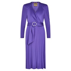 1970 Biba - Robe portefeuille en jersey violet avec ceinture ton sur ton