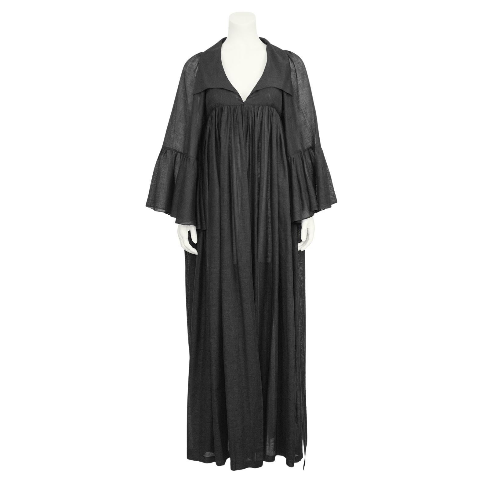 1970s Biba Sheer Black Cotton Hostess Gown For Sale
