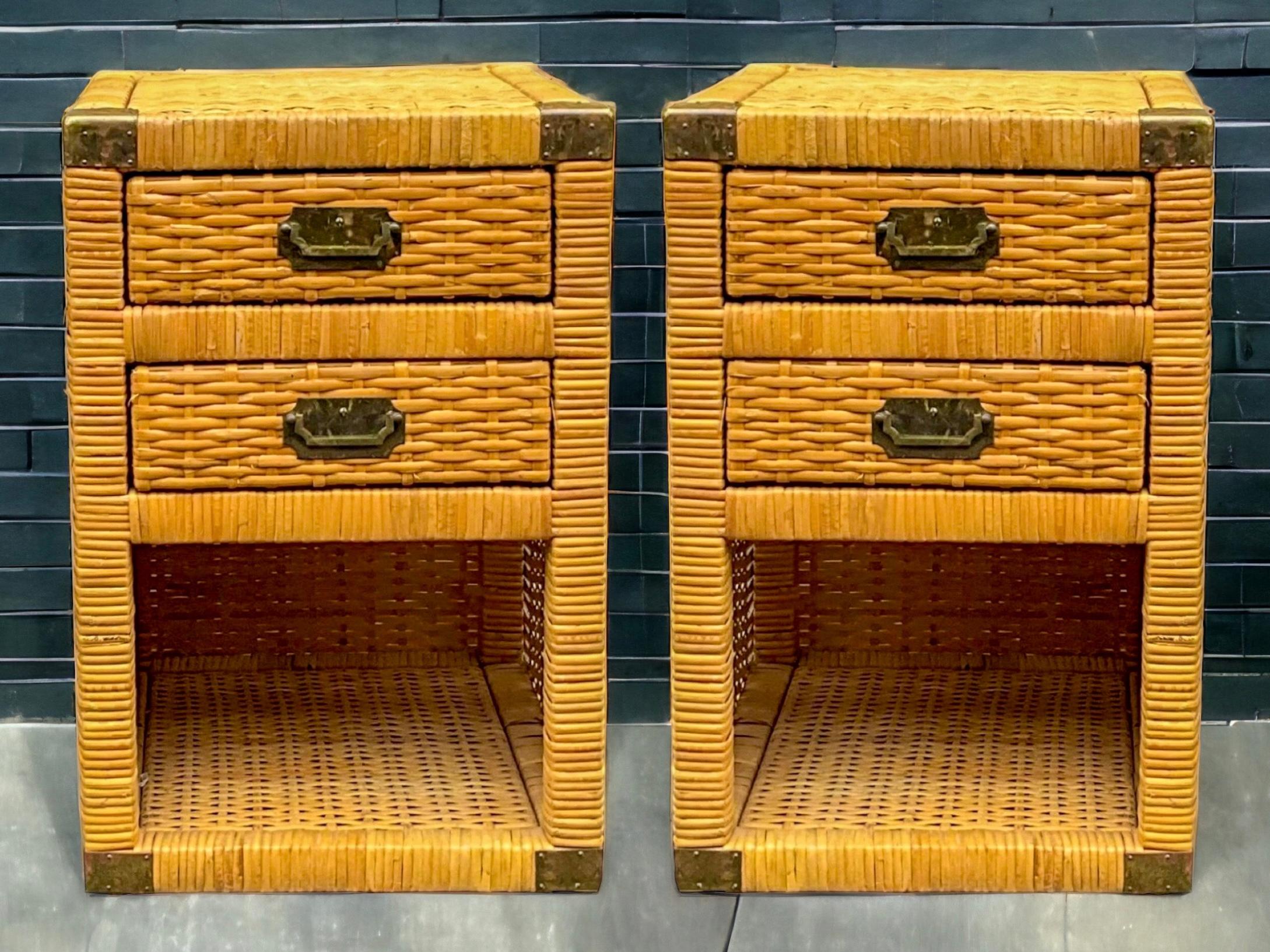 American 1970s Bielecky  Bros. Inspired Campaign Style Wicker Side Tables / Chests - Pair