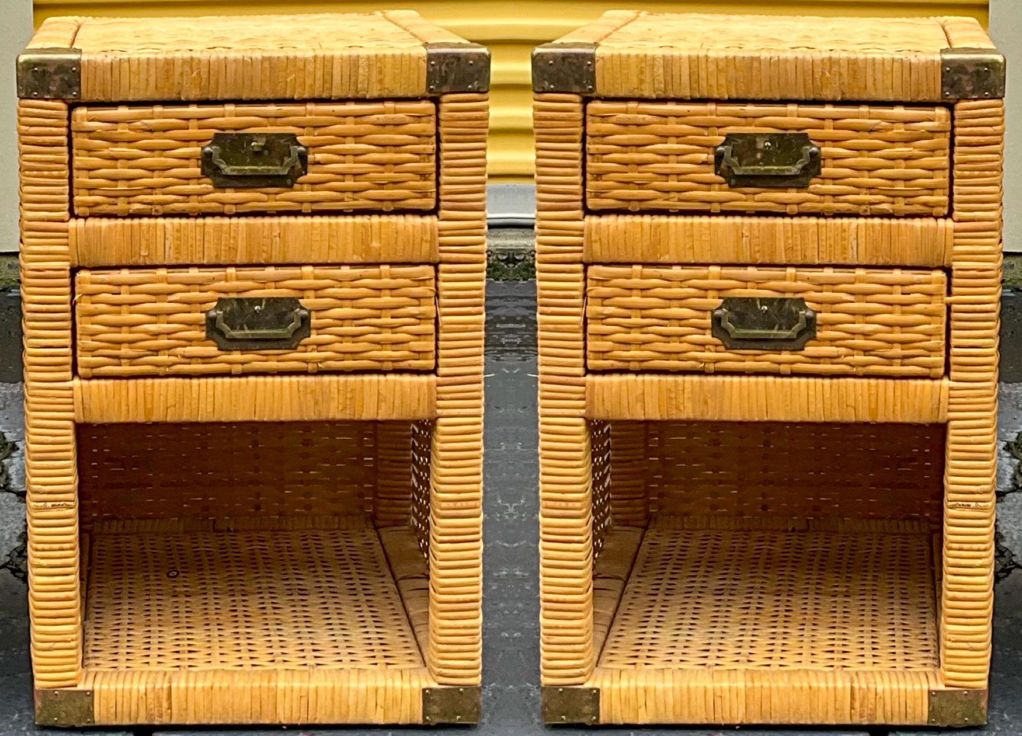 1970s Bielecky  Bros. Inspired Campaign Style Wicker Side Tables / Chests - Pair In Good Condition In Kennesaw, GA