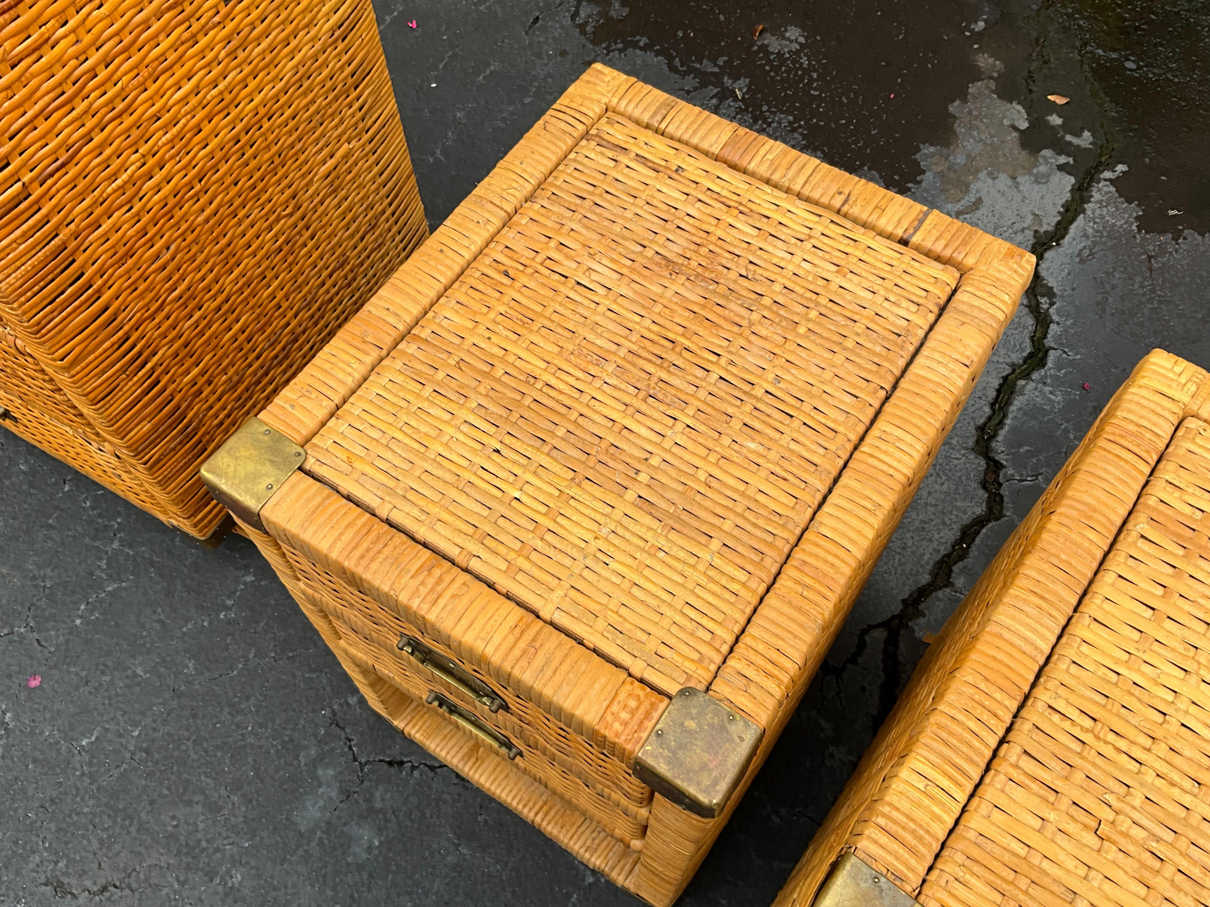 20th Century 1970s Bielecky  Bros. Inspired Campaign Style Wicker Side Tables / Chests - Pair