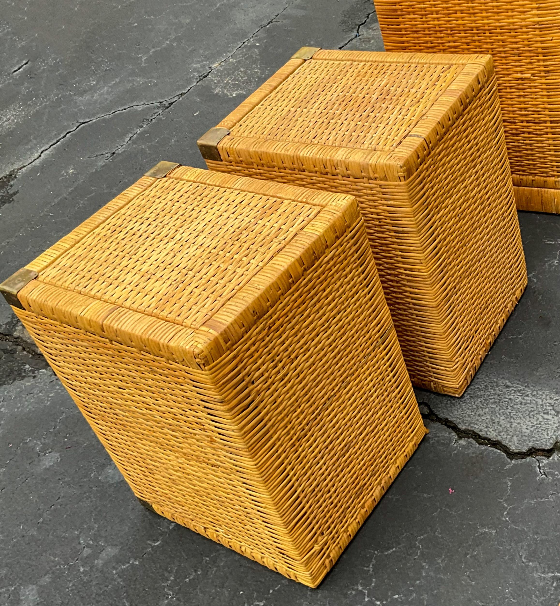 Brass 1970s Bielecky  Bros. Inspired Campaign Style Wicker Side Tables / Chests - Pair