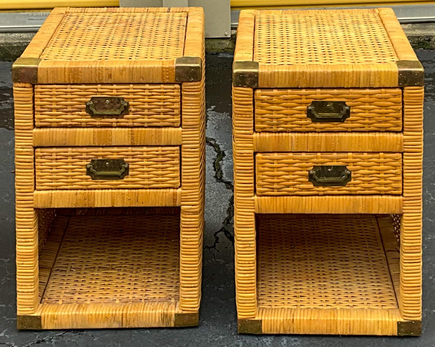 1970s Bielecky  Bros. Inspired Campaign Style Wicker Side Tables / Chests - Pair 1