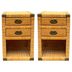 1970s Bielecky  Bros. Inspired Campaign Style Wicker Side Tables / Chests - Pair