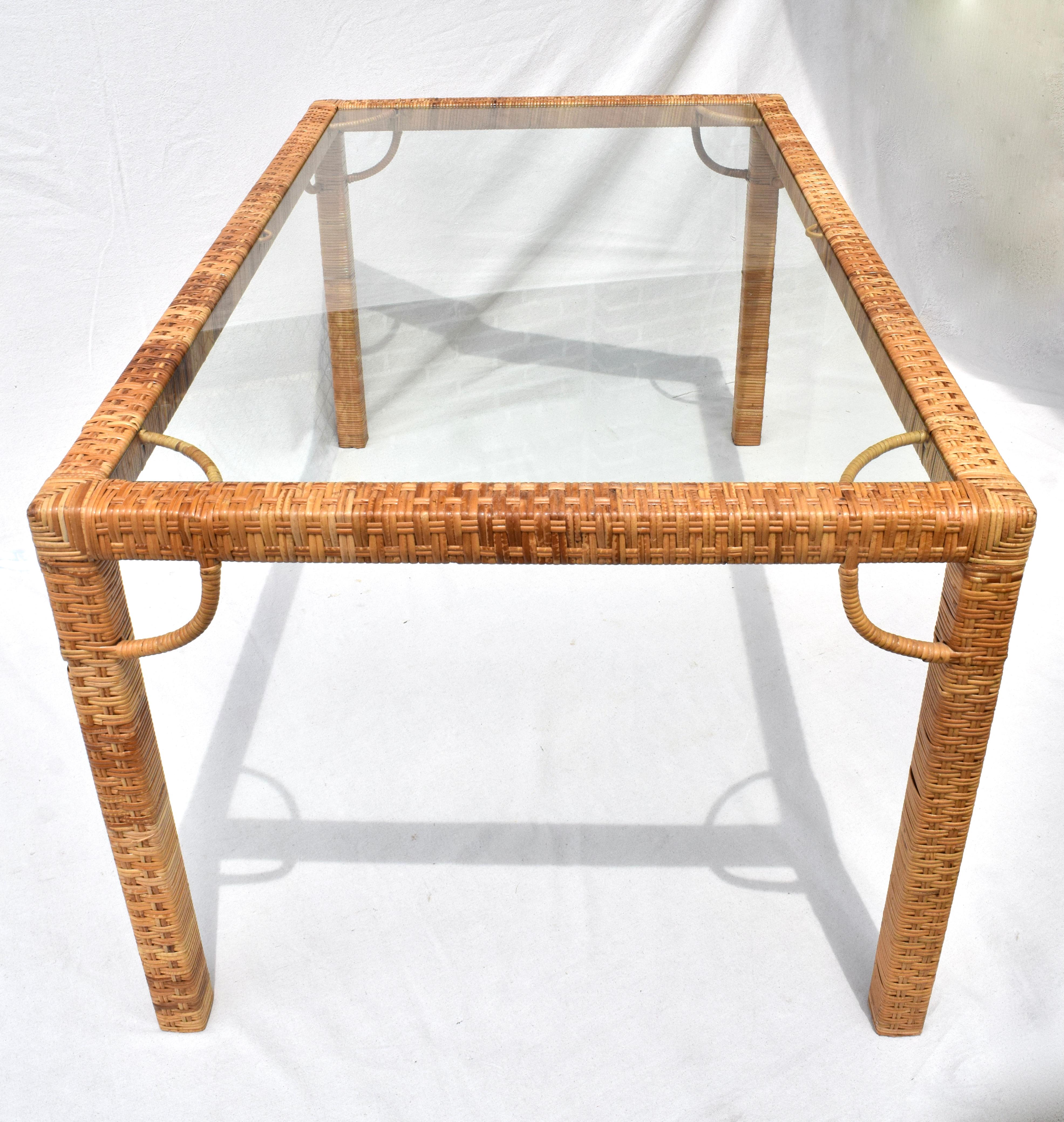 Mid-Century Modern 1970's Bielecky Brothers Rattan & Glass Parsons Dining or Writing Table