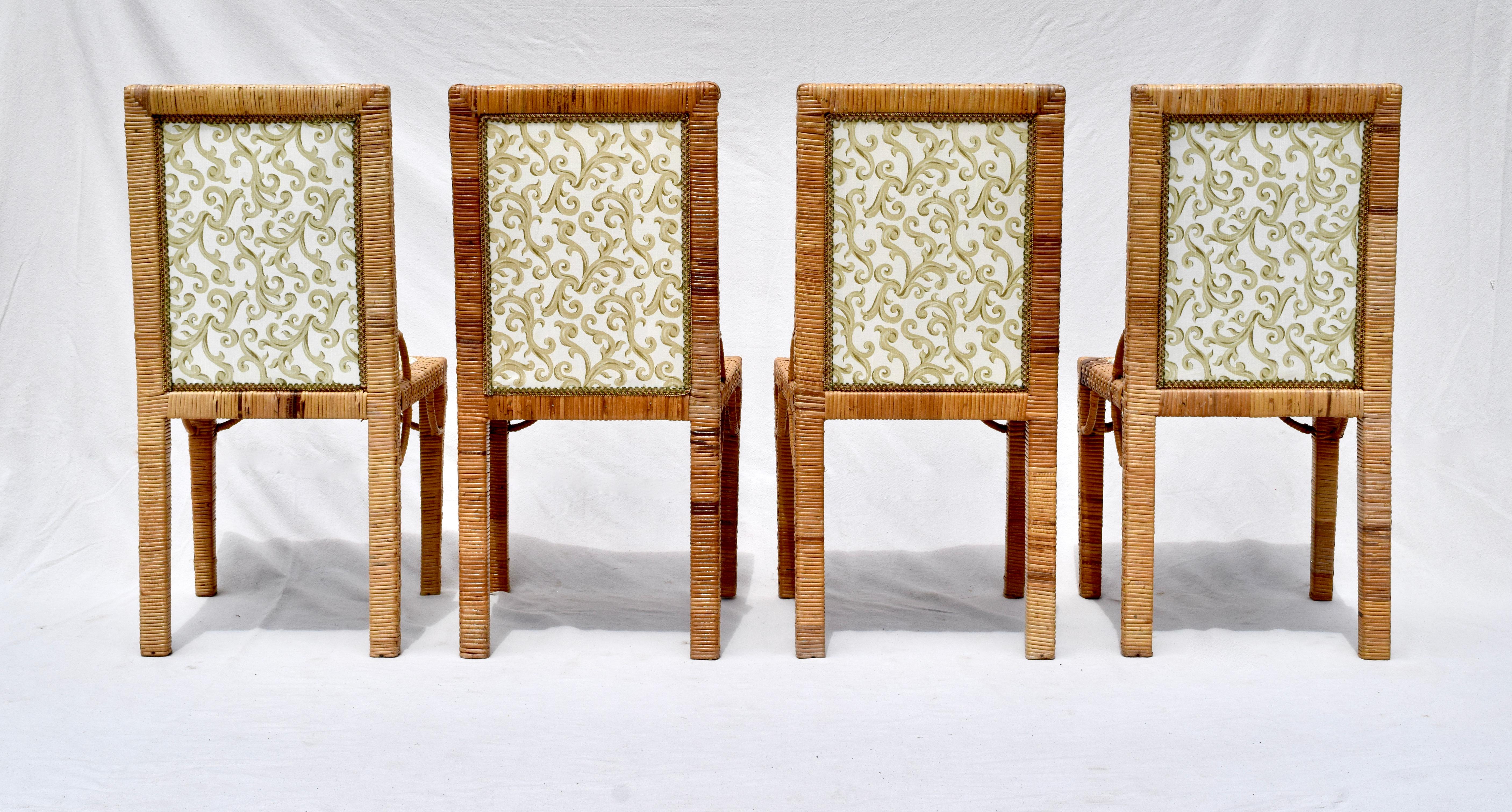 Set of six a basket weave Parsons dining chairs fully detailed in new vintage stock Chris Stone cotton upholstery attributed to Bielecky Brothers. Of substantial Raffia & wood construction the set has been beautifully maintained over the years in