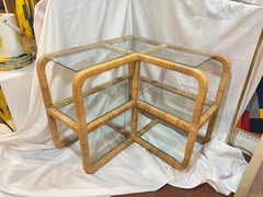 1970's Bielecky Brothers Wrapped Rattan and Glass Waterfall Corner Etagere