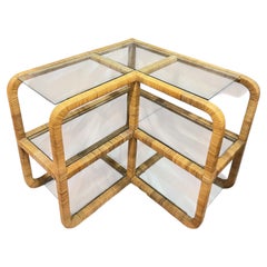 1970's Bielecky Brothers Wrapped Rattan and Glass Waterfall Corner Etagere