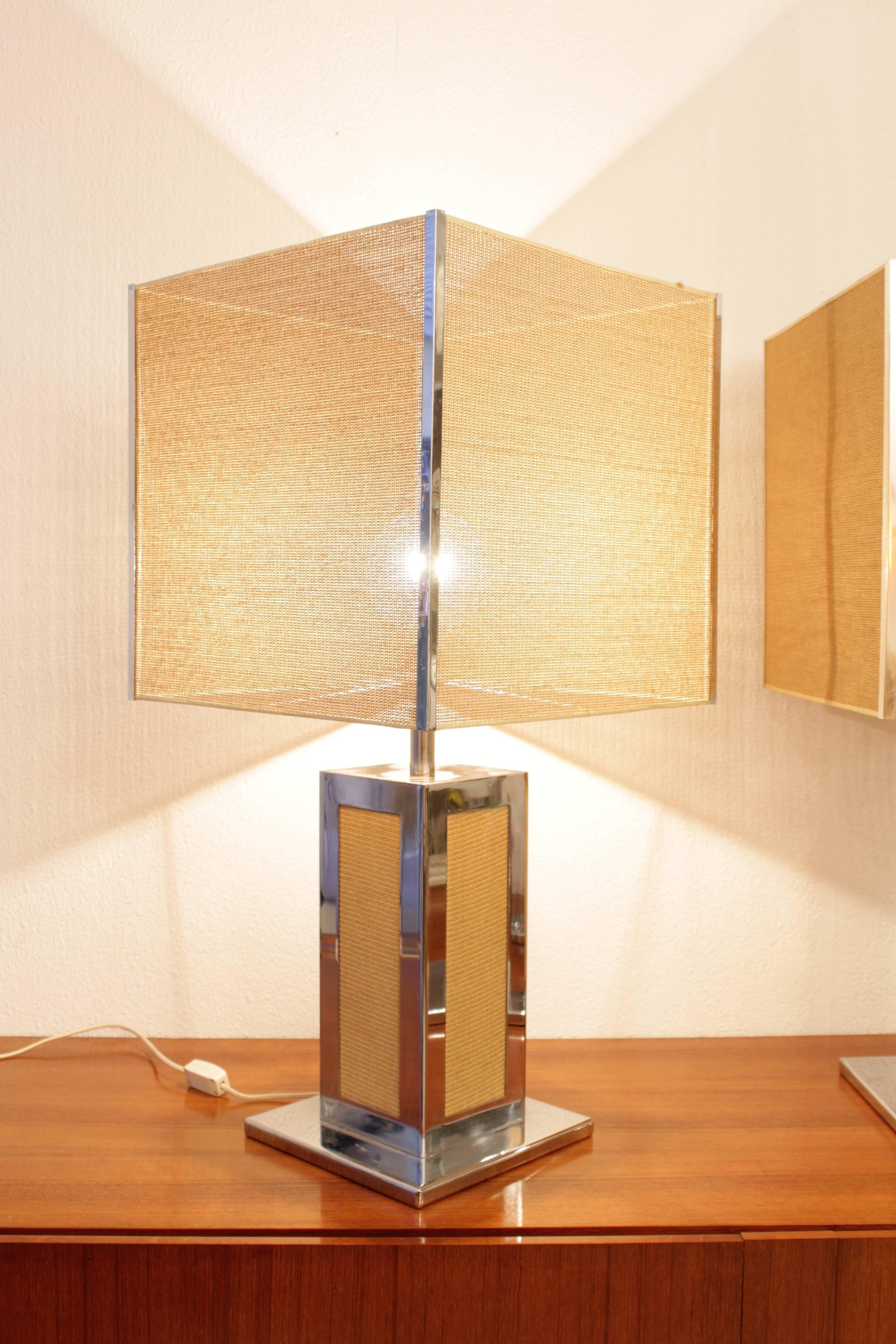 1970s Big Chrome and Cane Pair of Table Lamps In Good Condition In Geneva, CH