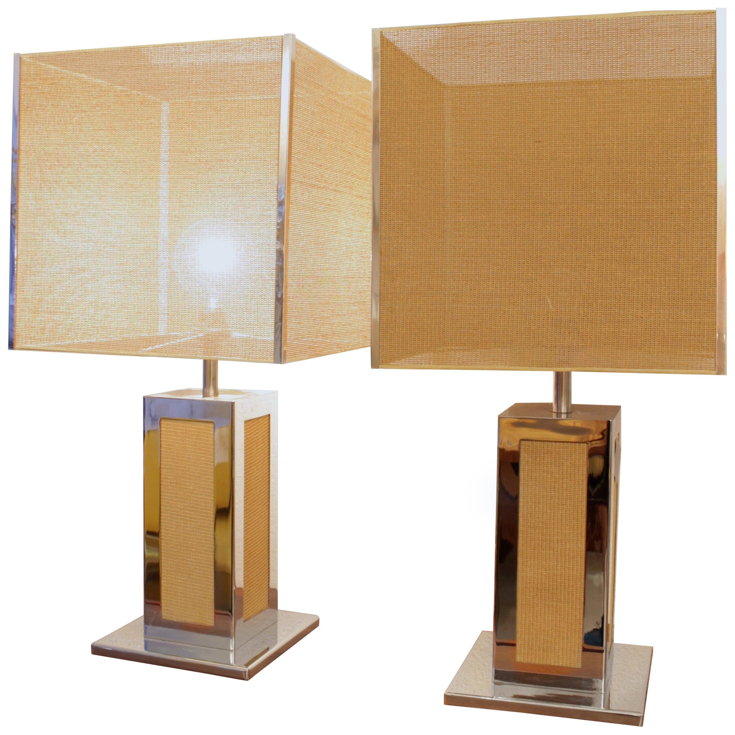 1970s Big Chrome and Cane Pair of Table Lamps