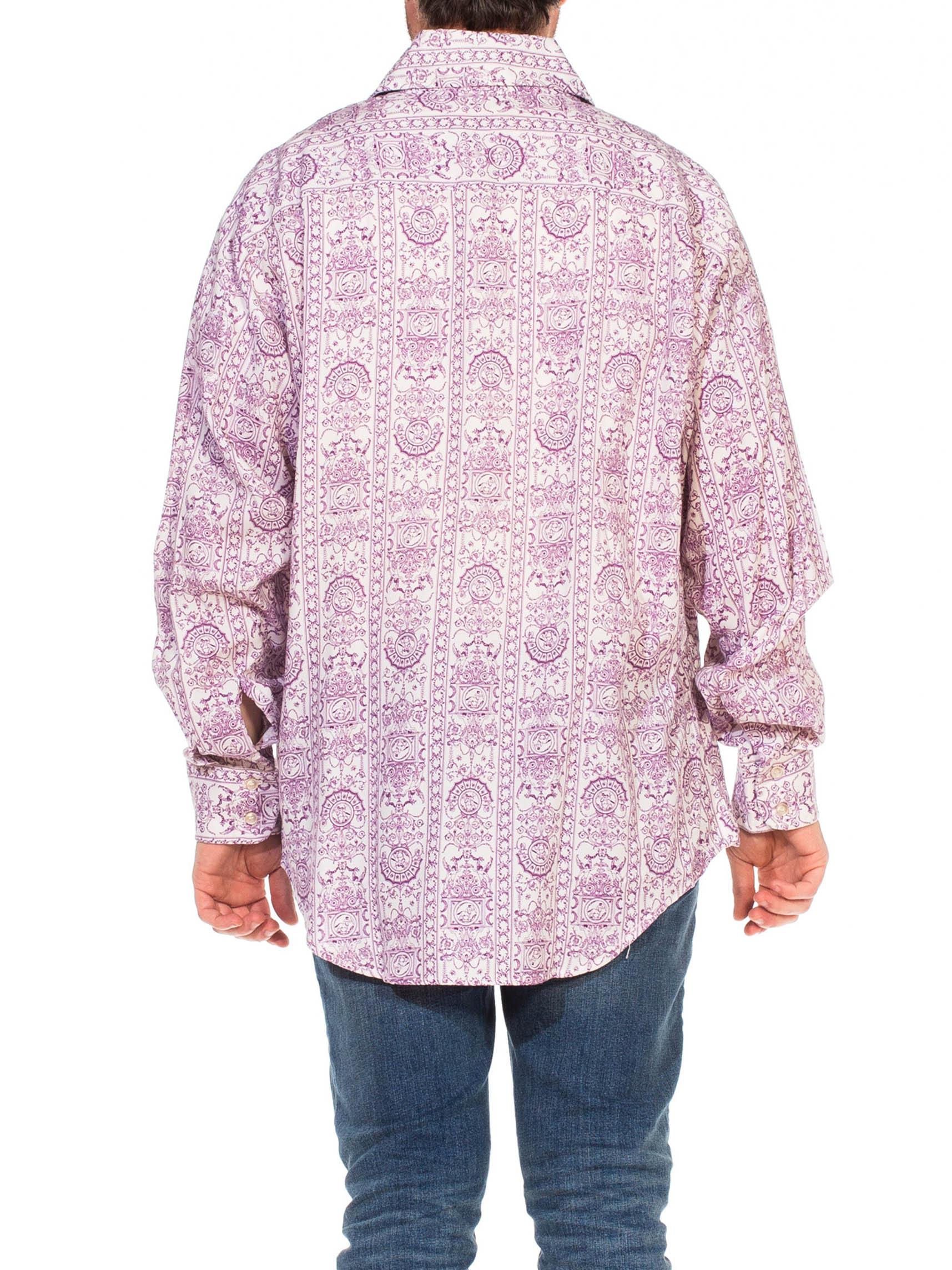 1970S BIG SIR White & Purple Cotton Blend Long Sleeve Medieval Griffin Print Me For Sale 3