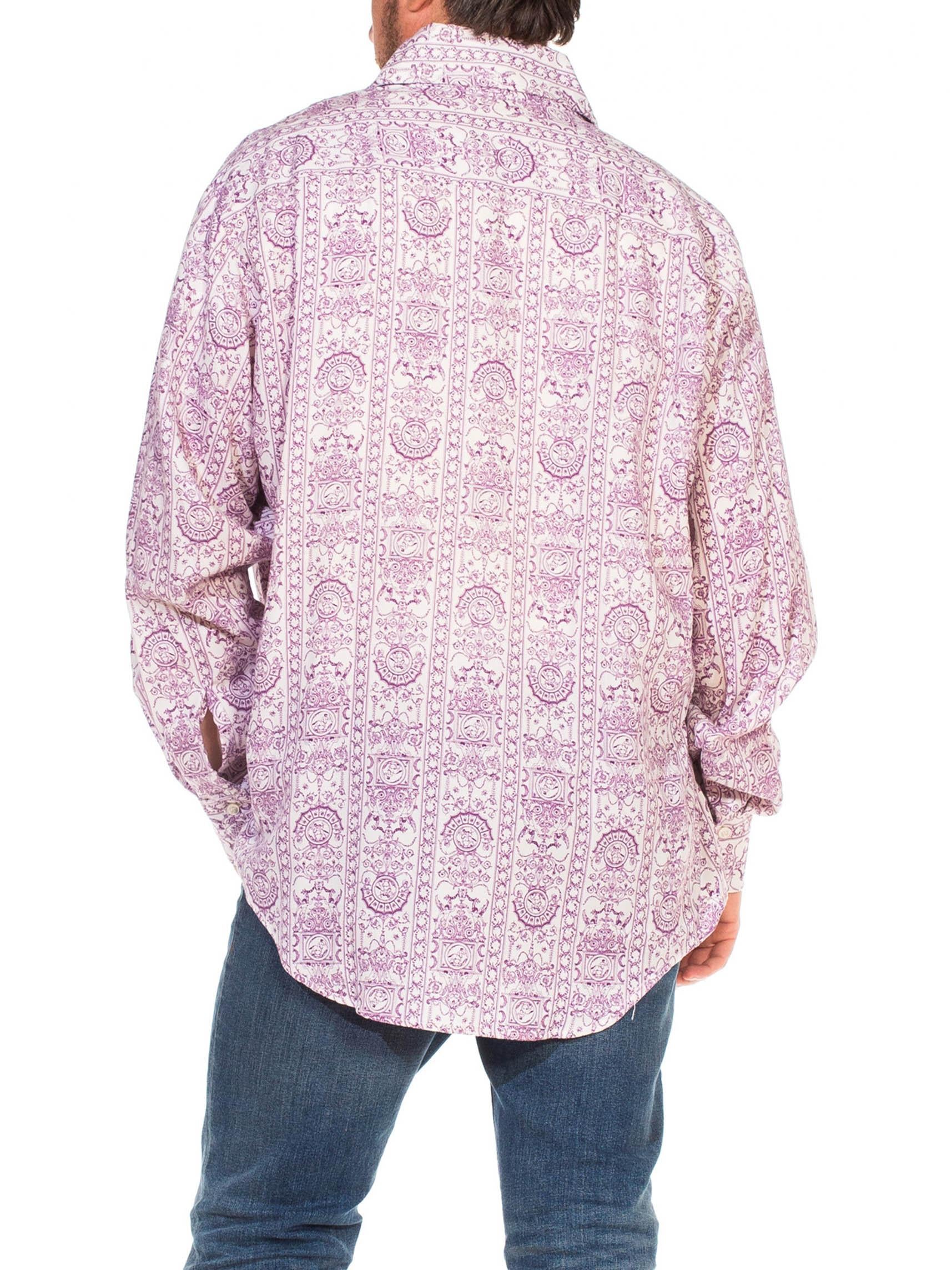 1970S BIG SIR White & Purple Cotton Blend Long Sleeve Medieval Griffin Print Me For Sale 4