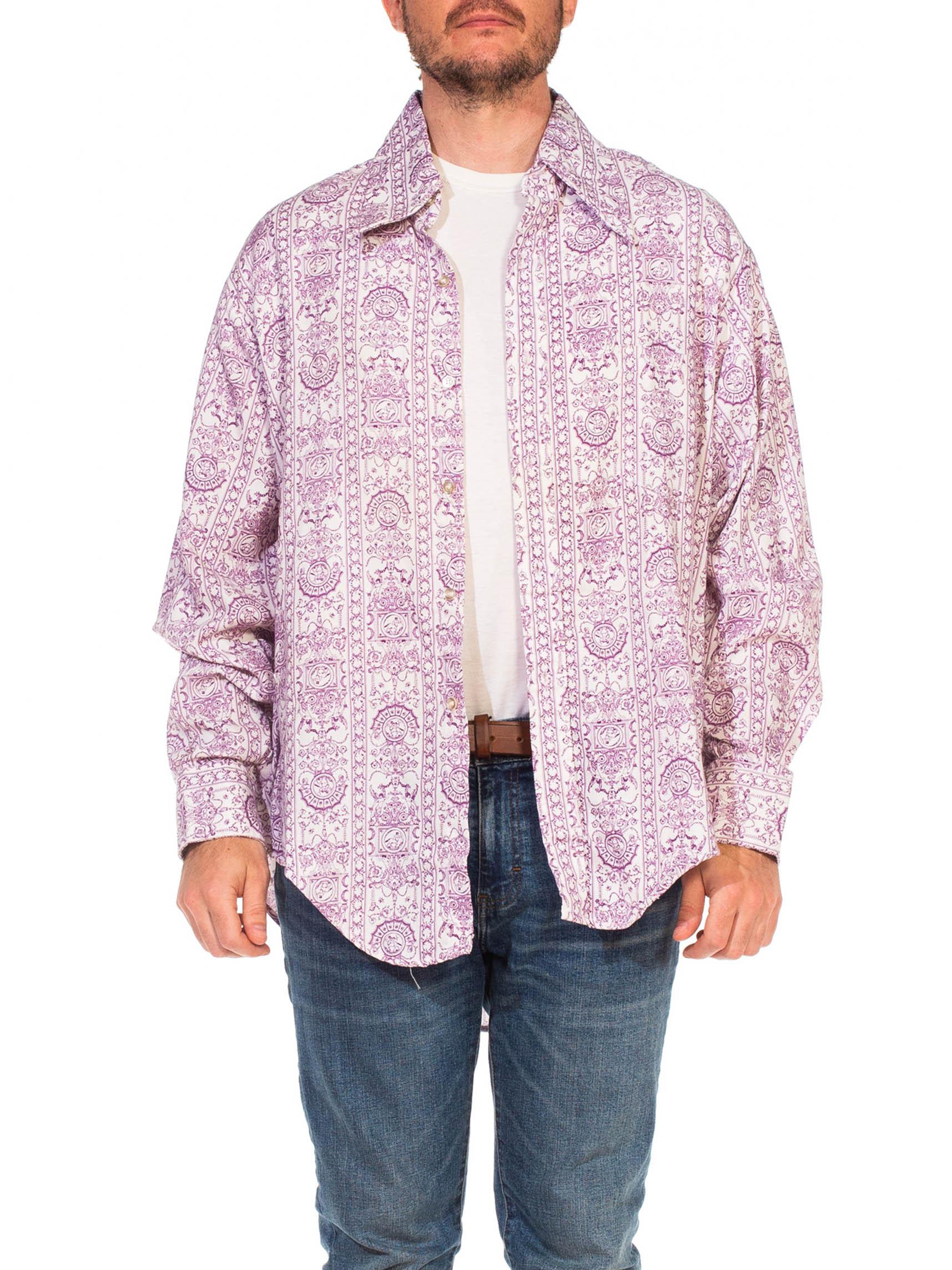 1970S BIG SIR White & Purple Cotton Blend Long Sleeve Medieval Griffin Print Men's Shirt
