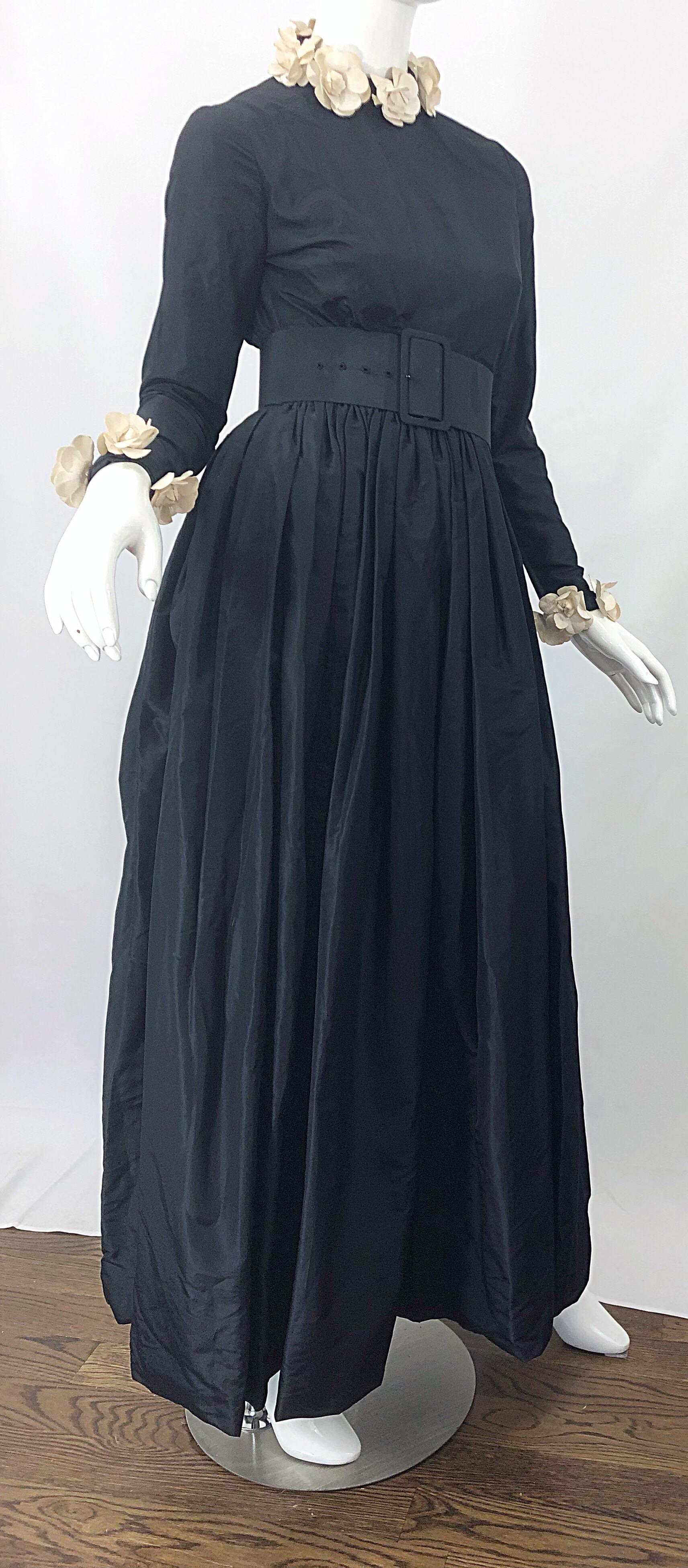 1970s Bill Blass Black + Ivory Camellia Flowers Open Back Vintage 70s Gown Dress For Sale 7