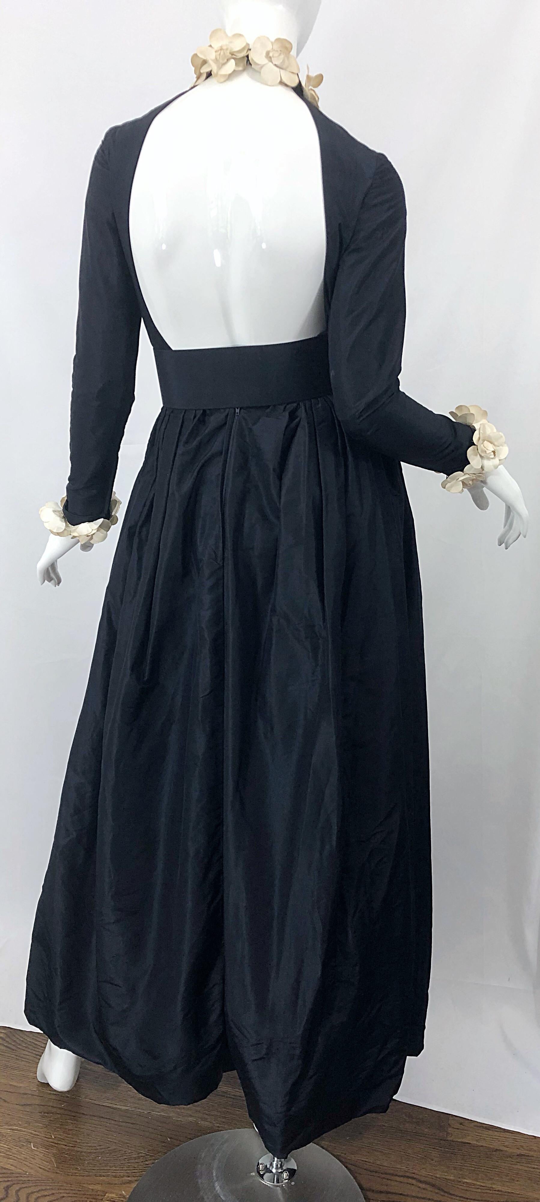 1970s Bill Blass Black + Ivory Camellia Flowers Open Back Vintage 70s Gown Dress For Sale 9