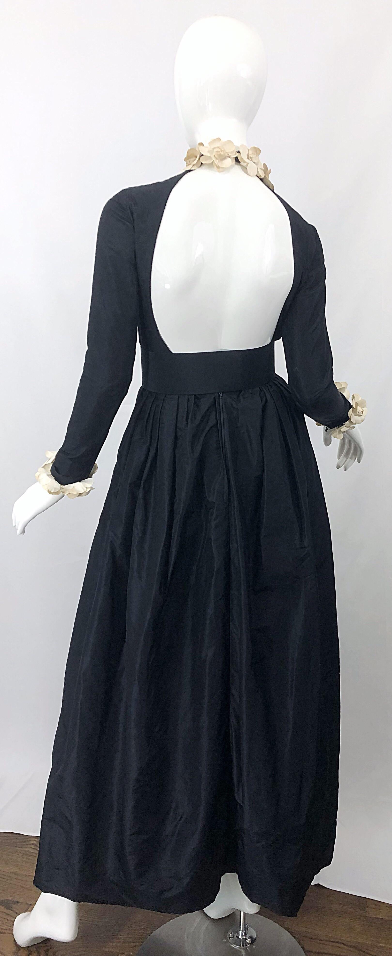 1970s Bill Blass Black + Ivory Camellia Flowers Open Back Vintage 70s Gown Dress For Sale 5