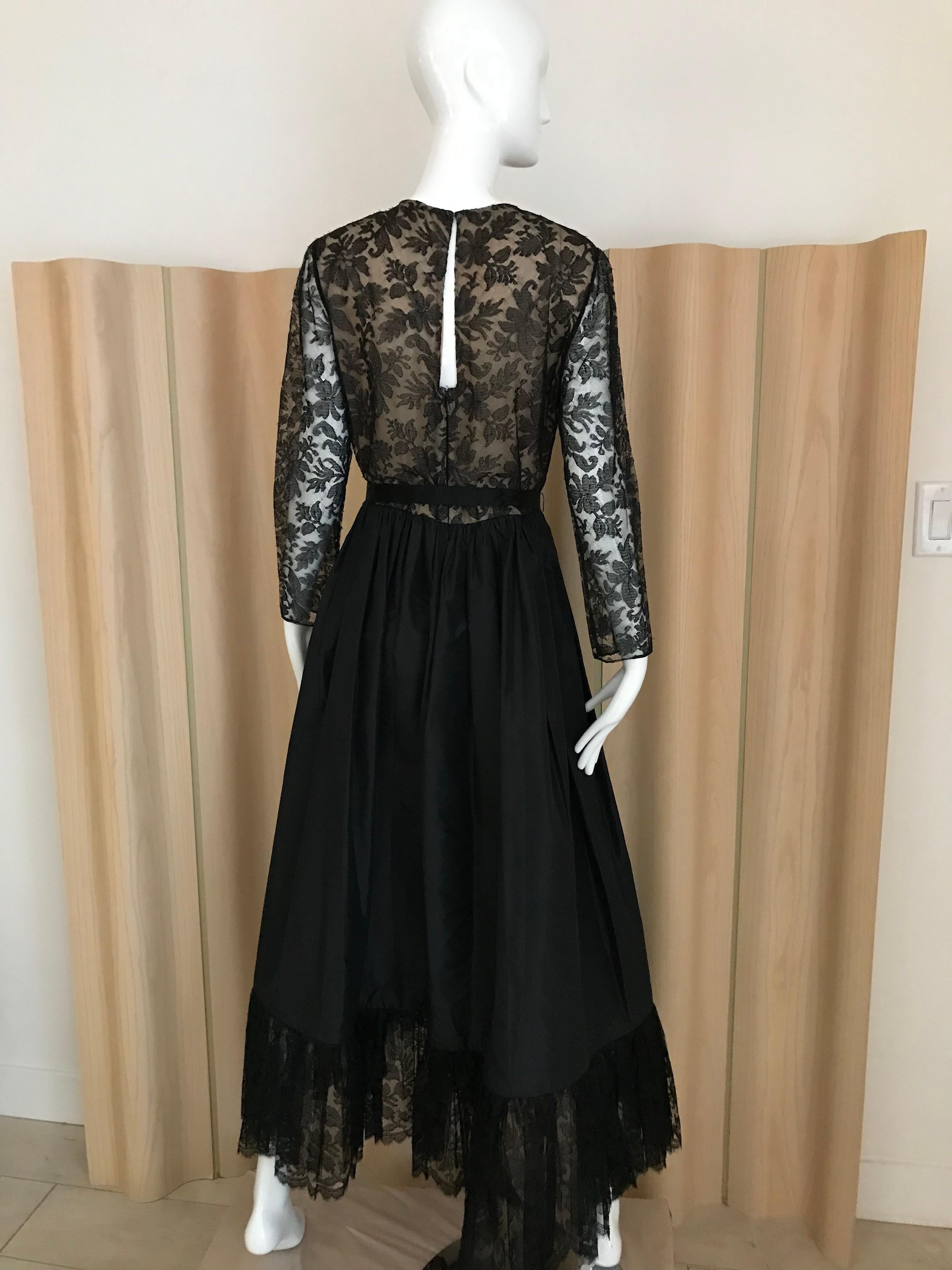 1970s Bill Blass Black Lace and Silk Tafetta Maxi Dress For Sale 3